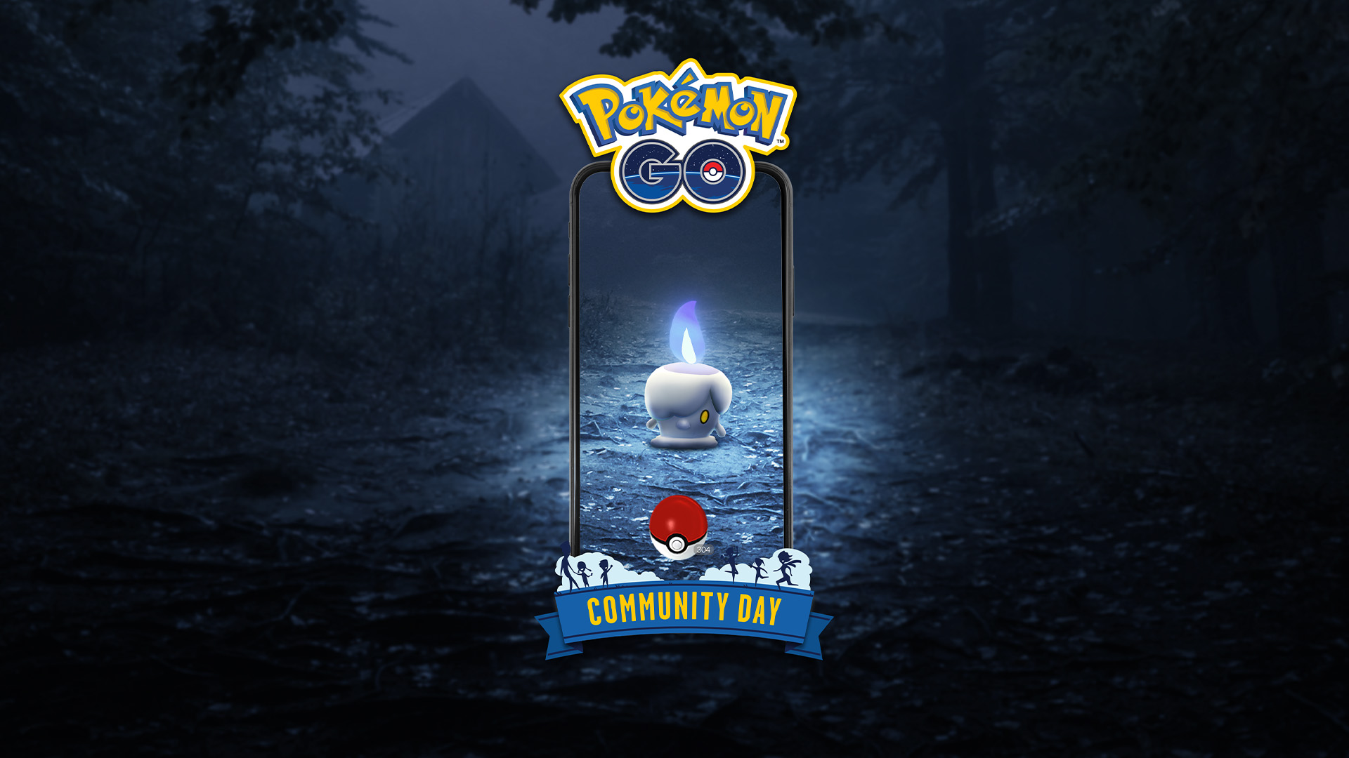 Litwick, a small candle Pokémon with a purple flame, stands in the dark forest through the AR of a phone with the Pokémon Go Community Day logos on it