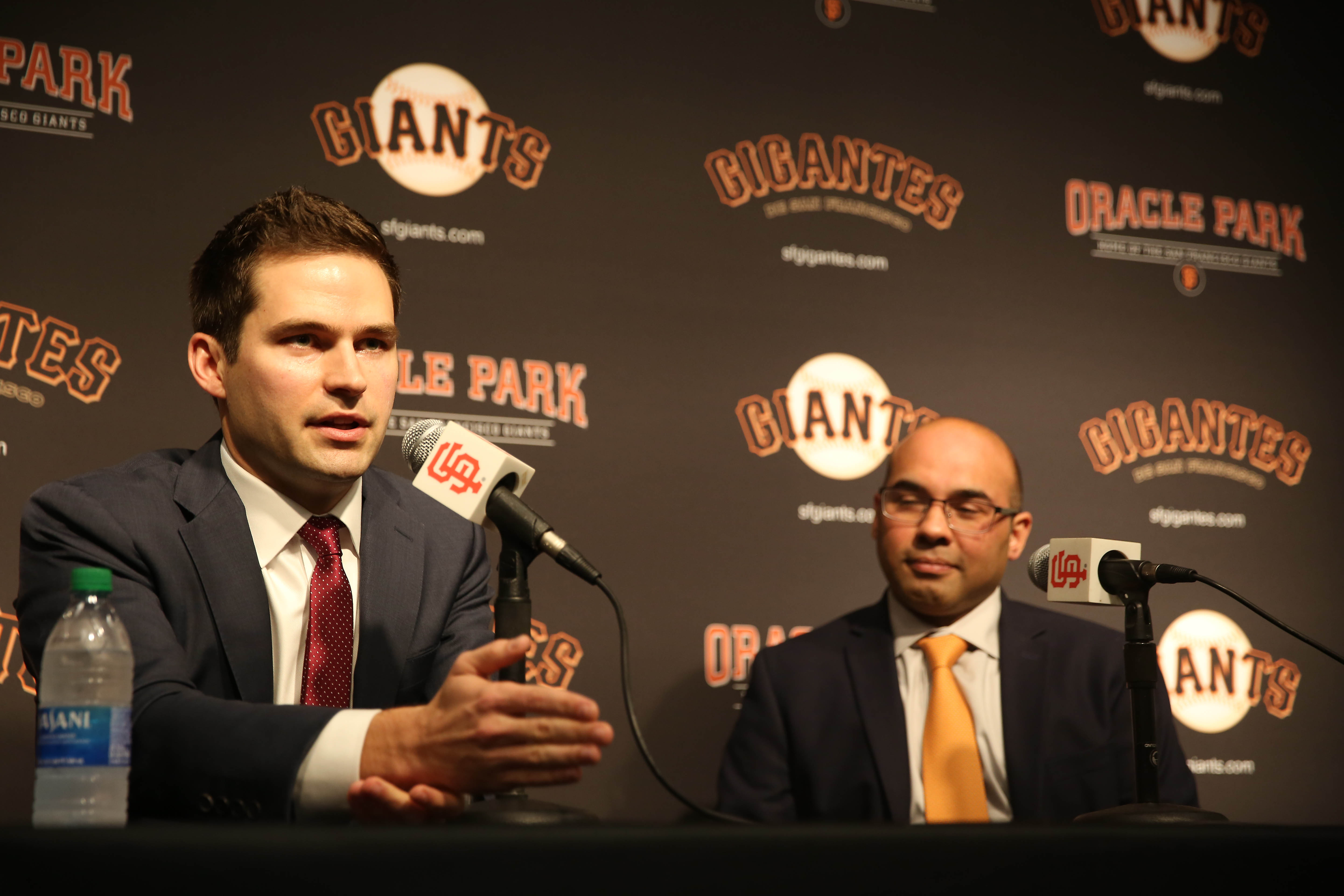 San Francisco Giants’ new general manager Scott Harris (l to r) speaks during a news conference with president of baseball operations Farhan Zaidi in the Nick Peters Media Interview Room at Oracle Park on Monday, November 11, 2019 in San Francisco, Calif.