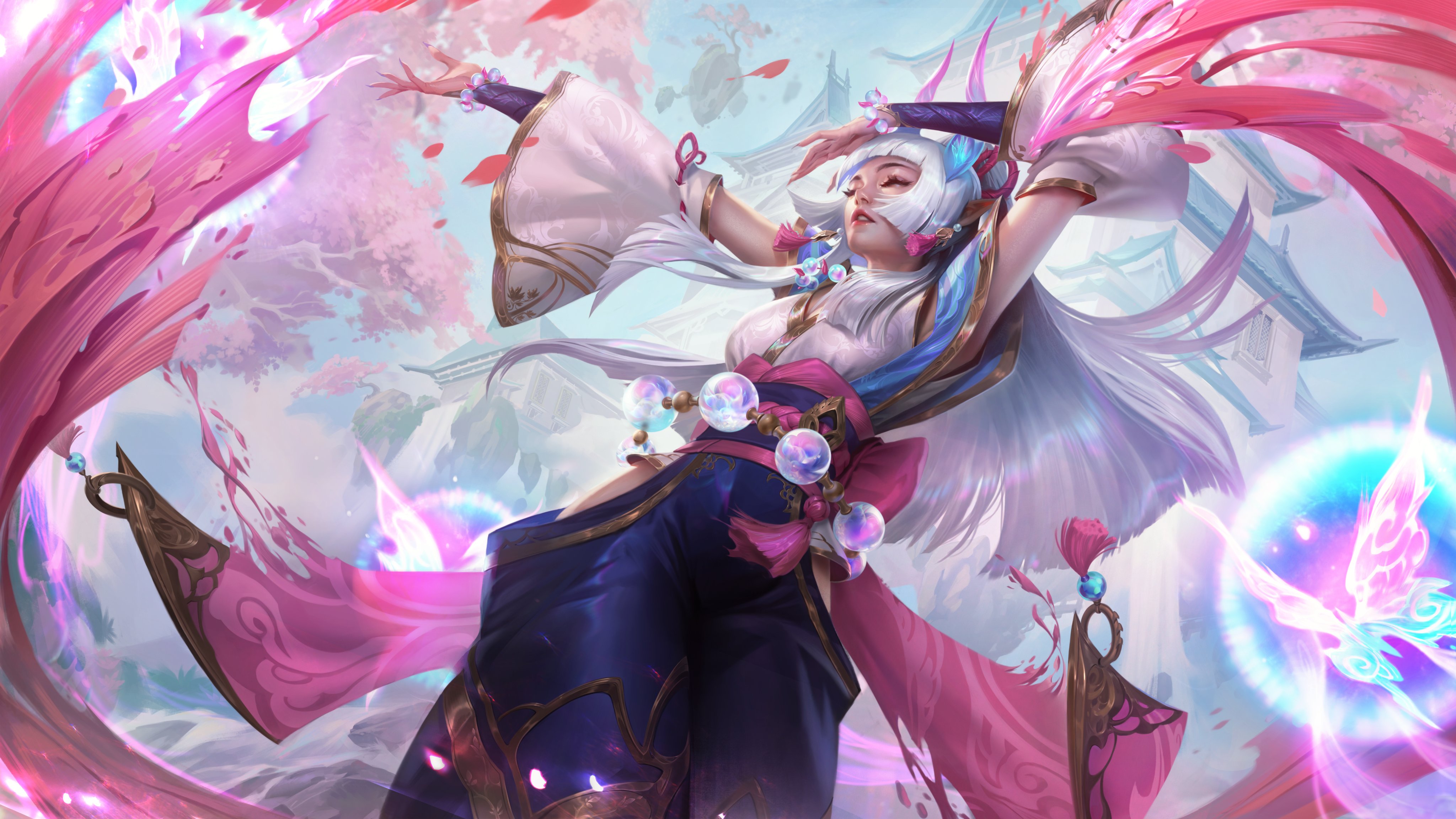 League of Legends - Spirit Blossom Syndra, a young woman with long white hair, flowers in her hair, and traditional garb. She is surrounded by three orbs, each one with a butterfly hovering within.