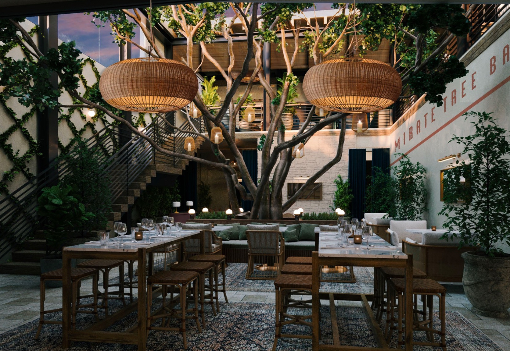 Digital design images for a restaurant with chairs, tables, and a giant tree at the center.