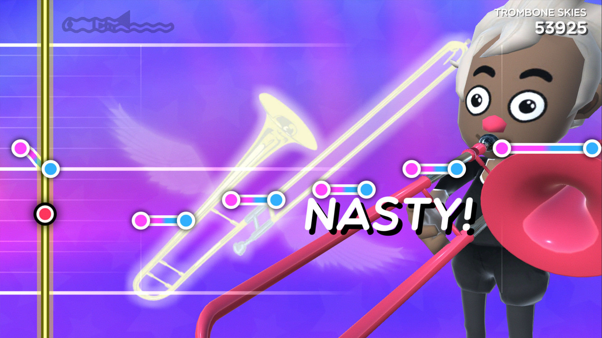 A low poly illustrated style character holding a trombone to the left. The screen has bars indicating which notes to play, in this rhythm game.