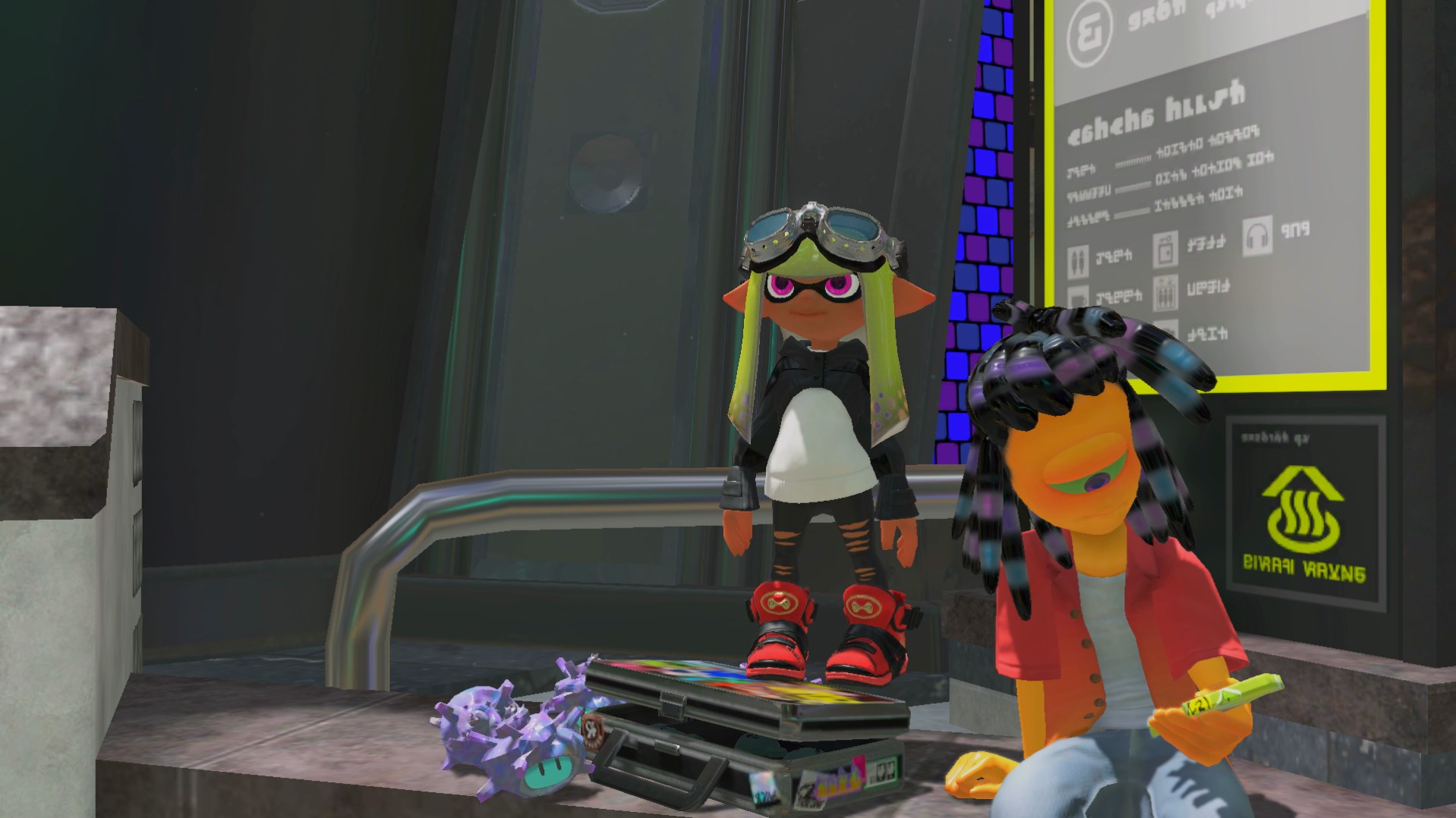 A yellow-haired inkling stands next to Murch in Splatsville