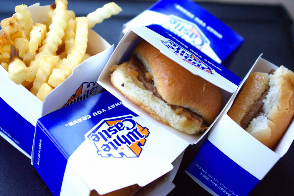 A tray of White Castle’s famous sliders and crinkle cut fries.