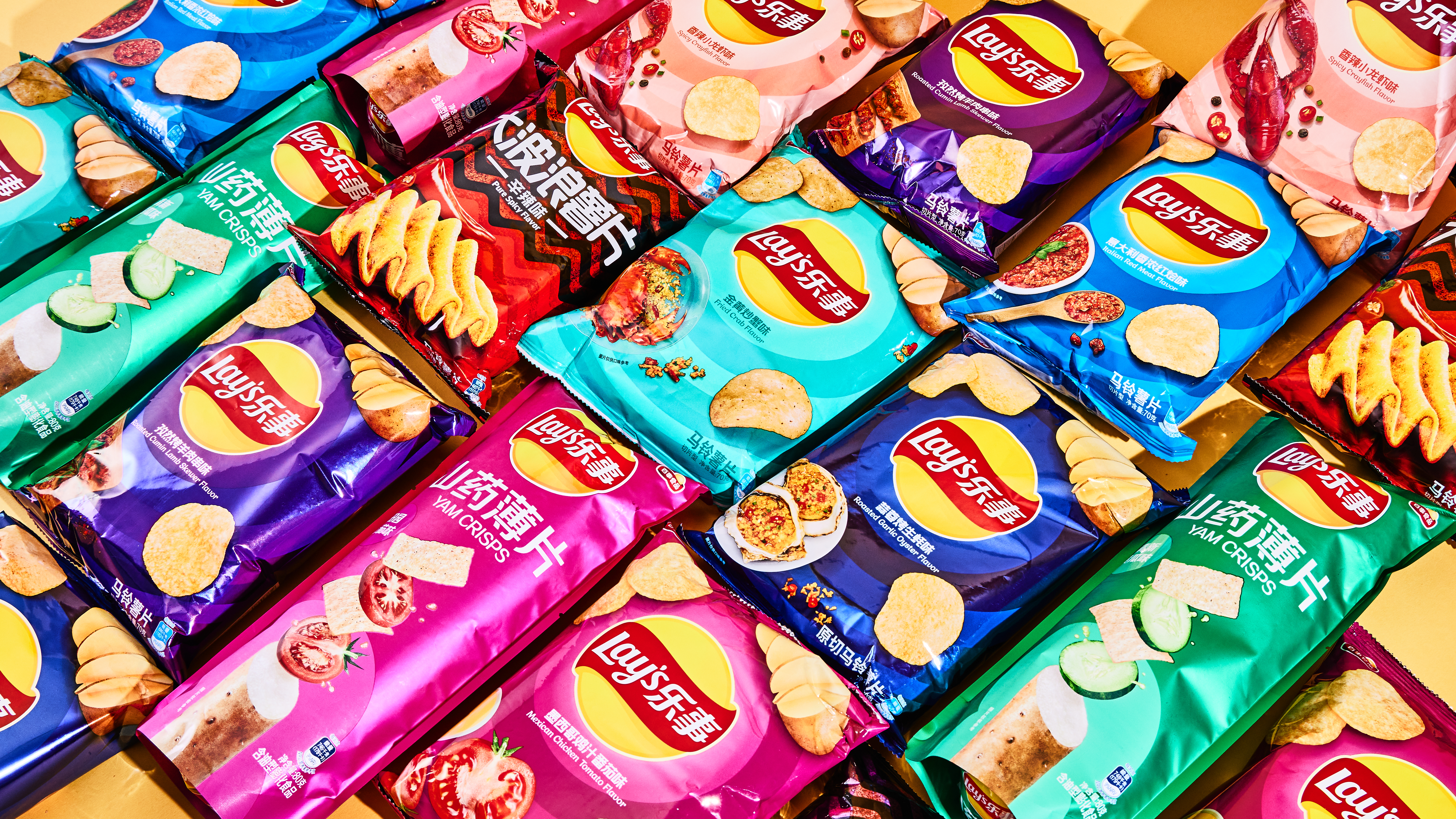 A big, colorful array of packaged Lay’s chips.