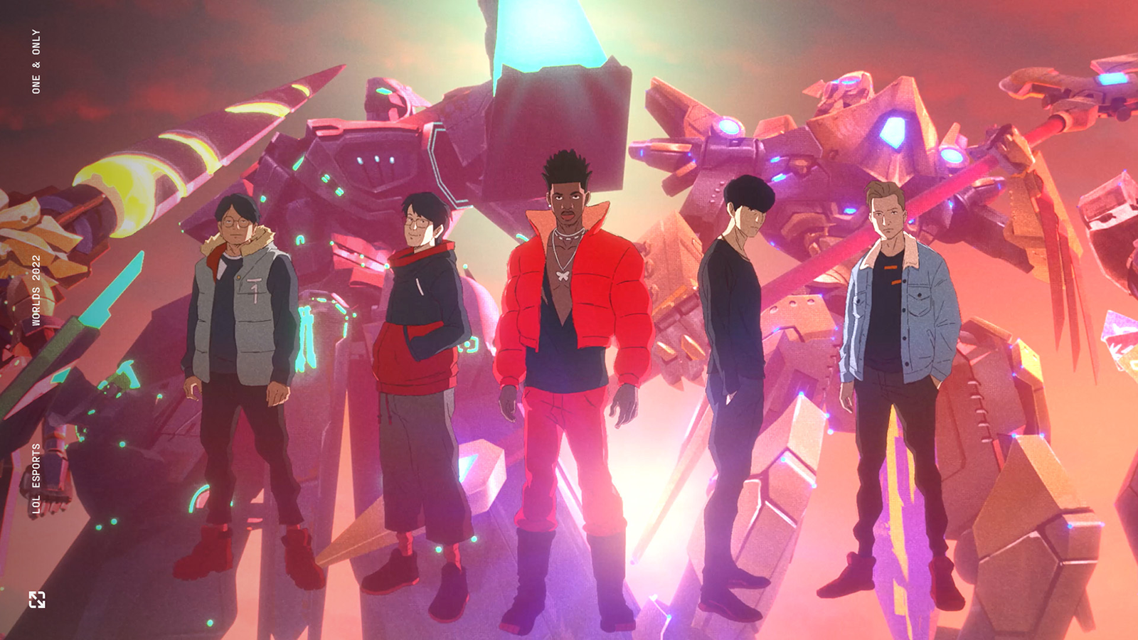 Lil Nas X and four League of Legends professional players stand in front of a series of massive mechs designed after champions from the game, including Azir, Thresh, Rell, and Twisted Fate.