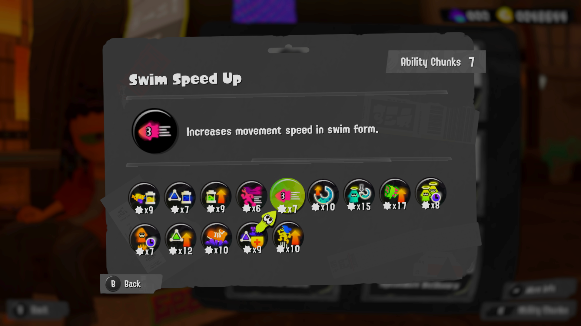 A menu screen of various Splatoon 3 Ability Chunks. Swim Speed Up is specifically highlighted.