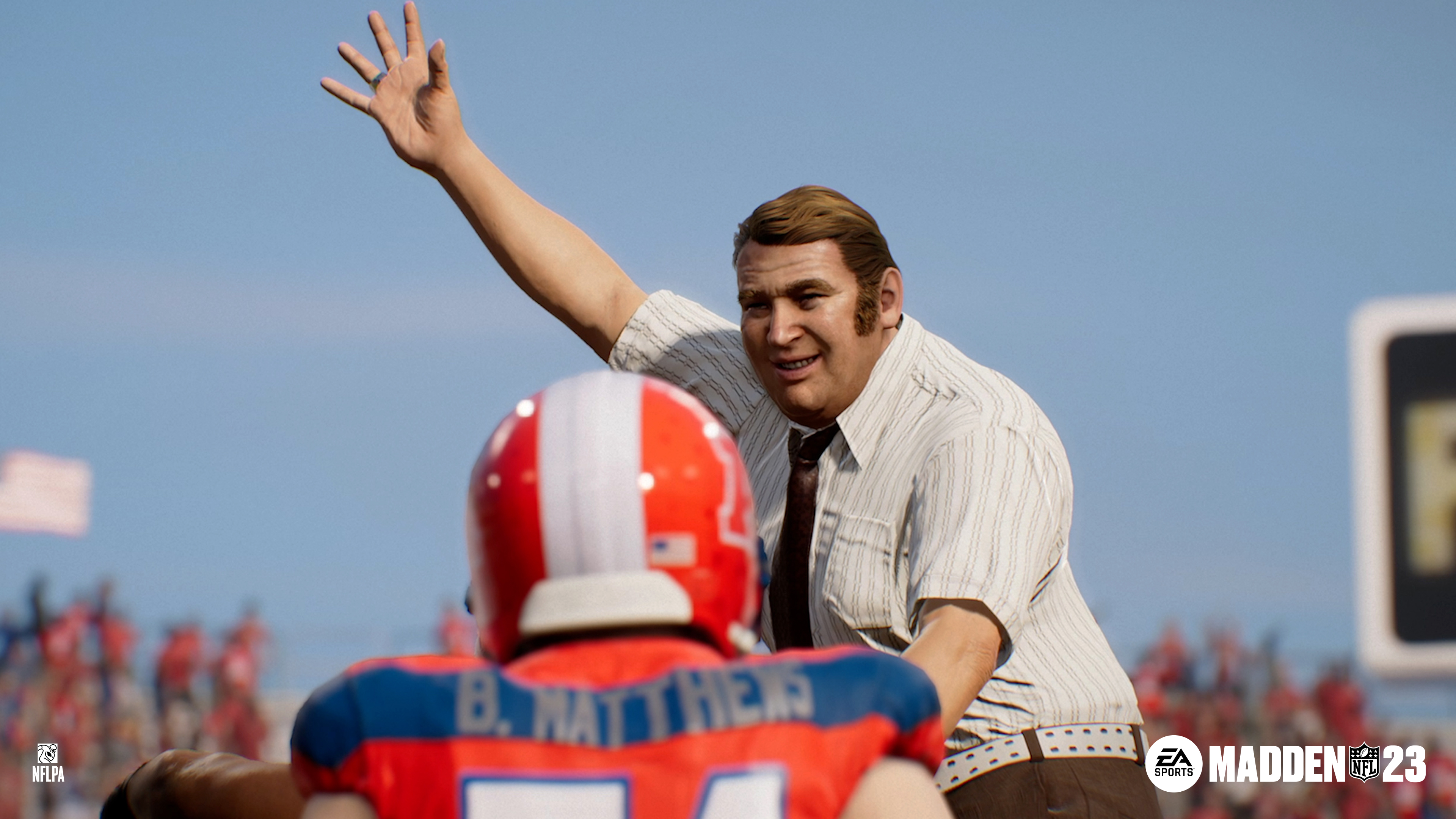 John Madden as he appeared in the late in 1970s is hoisted into the air by his celebrating players in Madden NFL 23