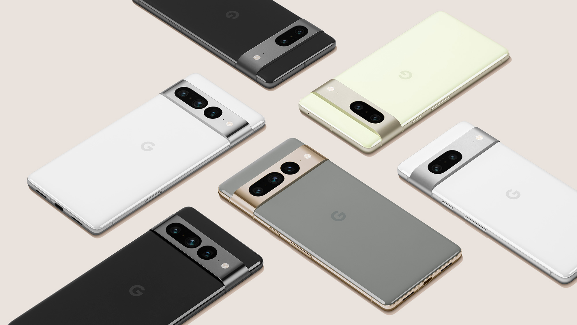 Pixel 7 and 7 Pro devices laying on a flat surface