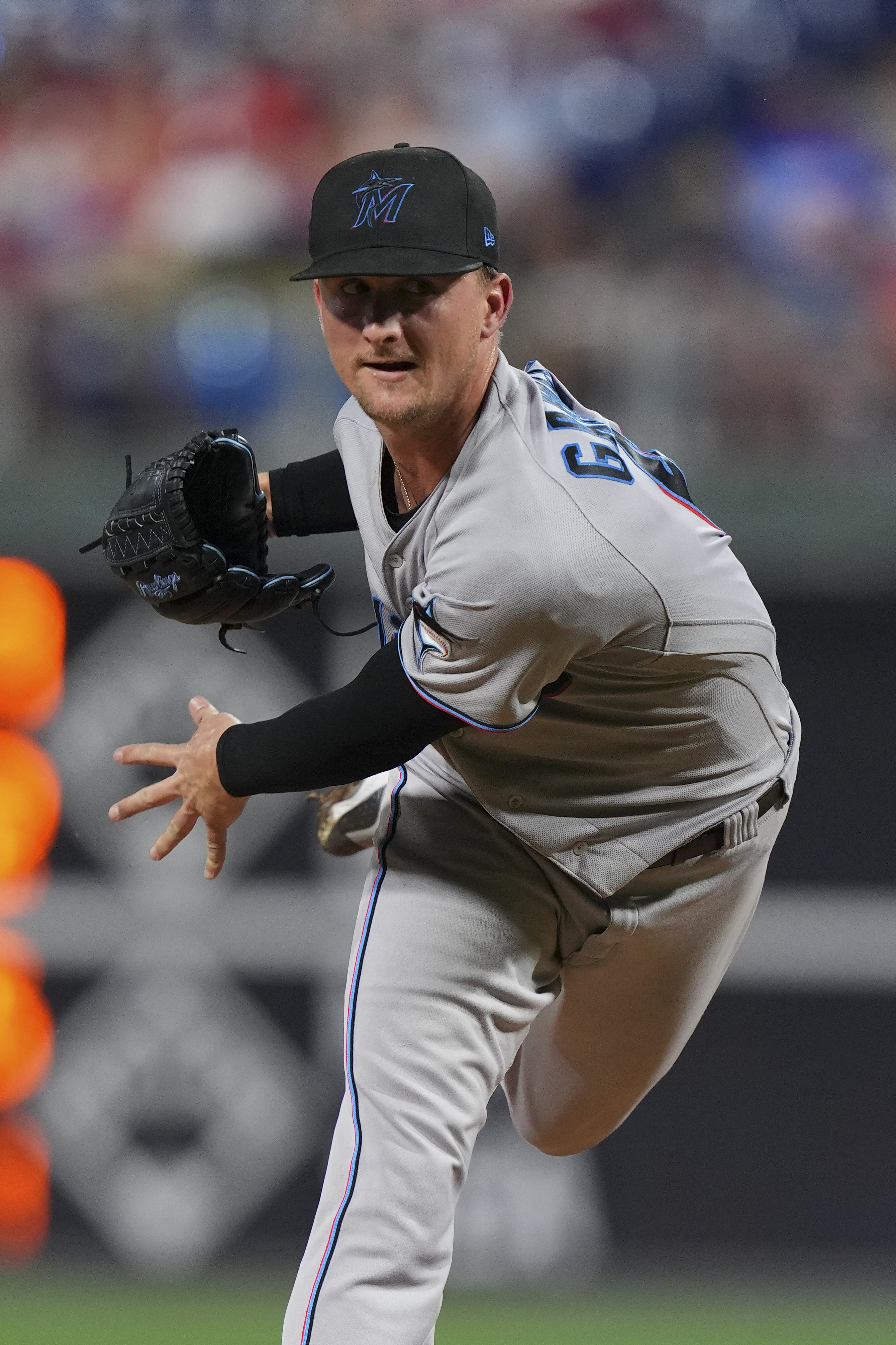 Braxton Garrett #60 of the Miami Marlins throws a pitch against the Philadelphia Phillies at Citizens Bank Park on August 9, 2022 in Philadelphia, Pennsylvania.