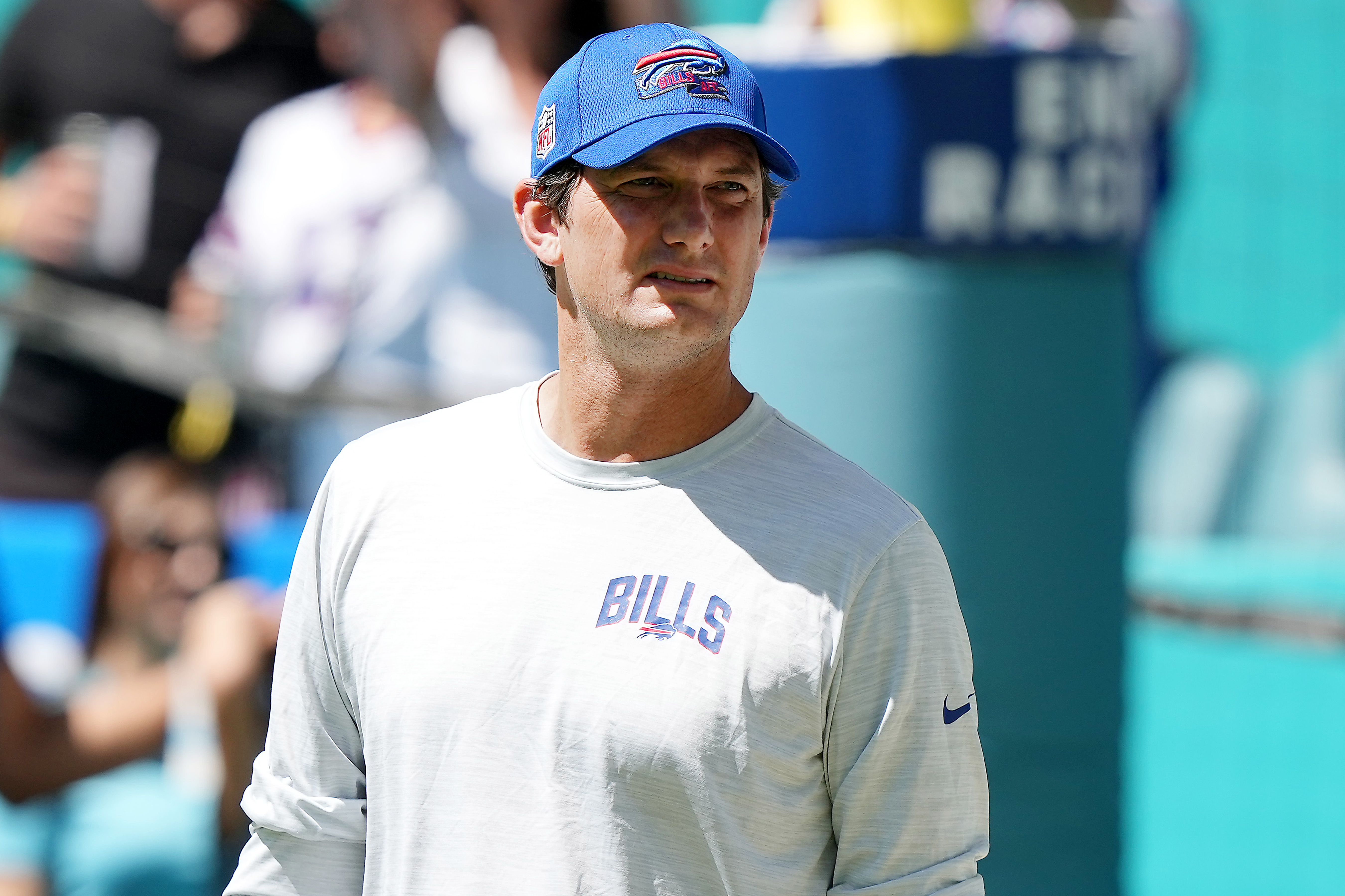 Buffalo Bills offensive coordinator Ken Dorsey looks on during warm ups before the game against the Miami Dolphins at Hard Rock Stadium on September 25, 2022 in Miami Gardens, Florida.