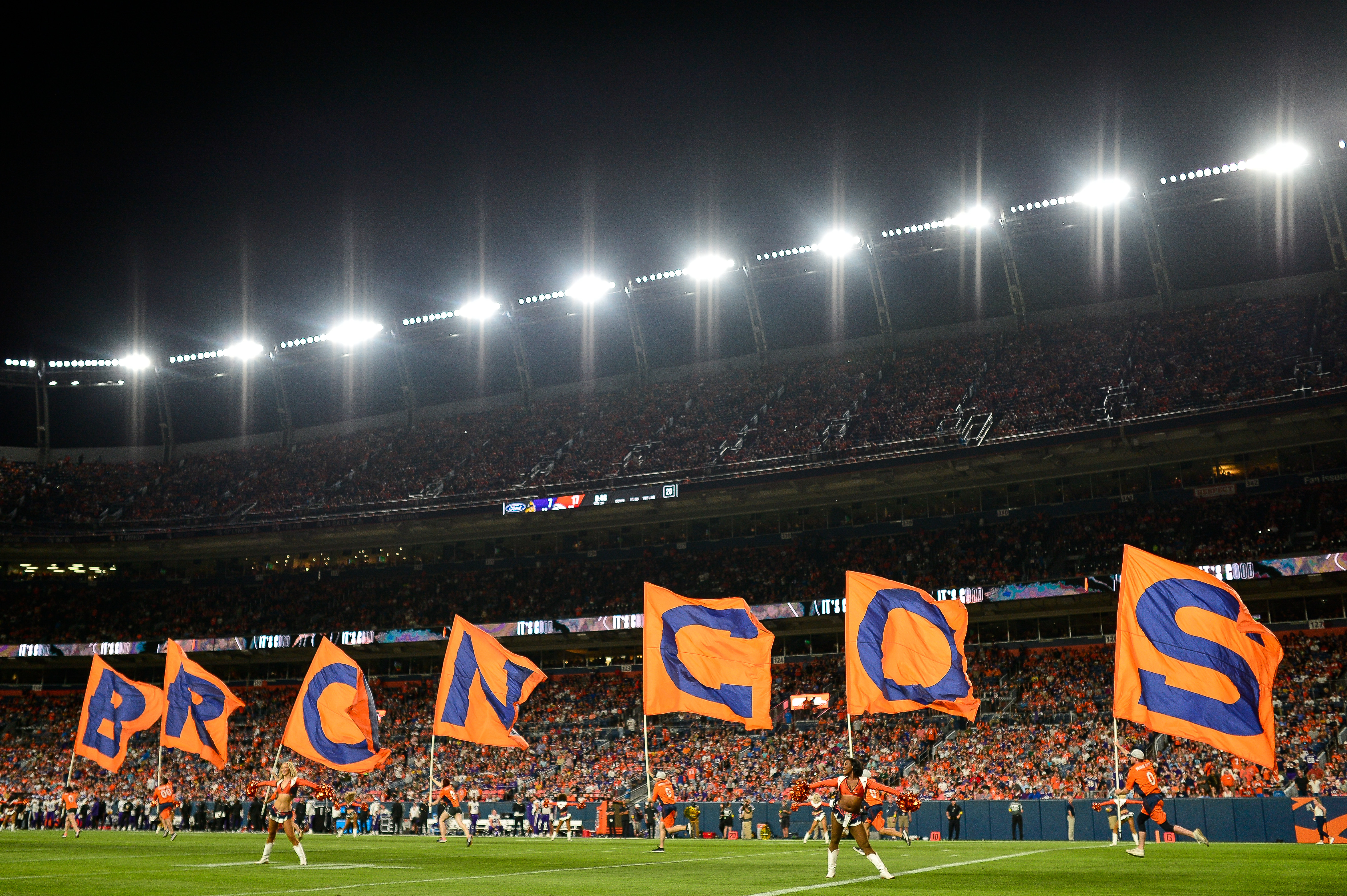 Cheerleaders perform in a general view after a Denver Broncos score in a preseason NFL game against the Minnesota Vikings at Empower Field at Mile High on August 27, 2022 in Denver, Colorado.