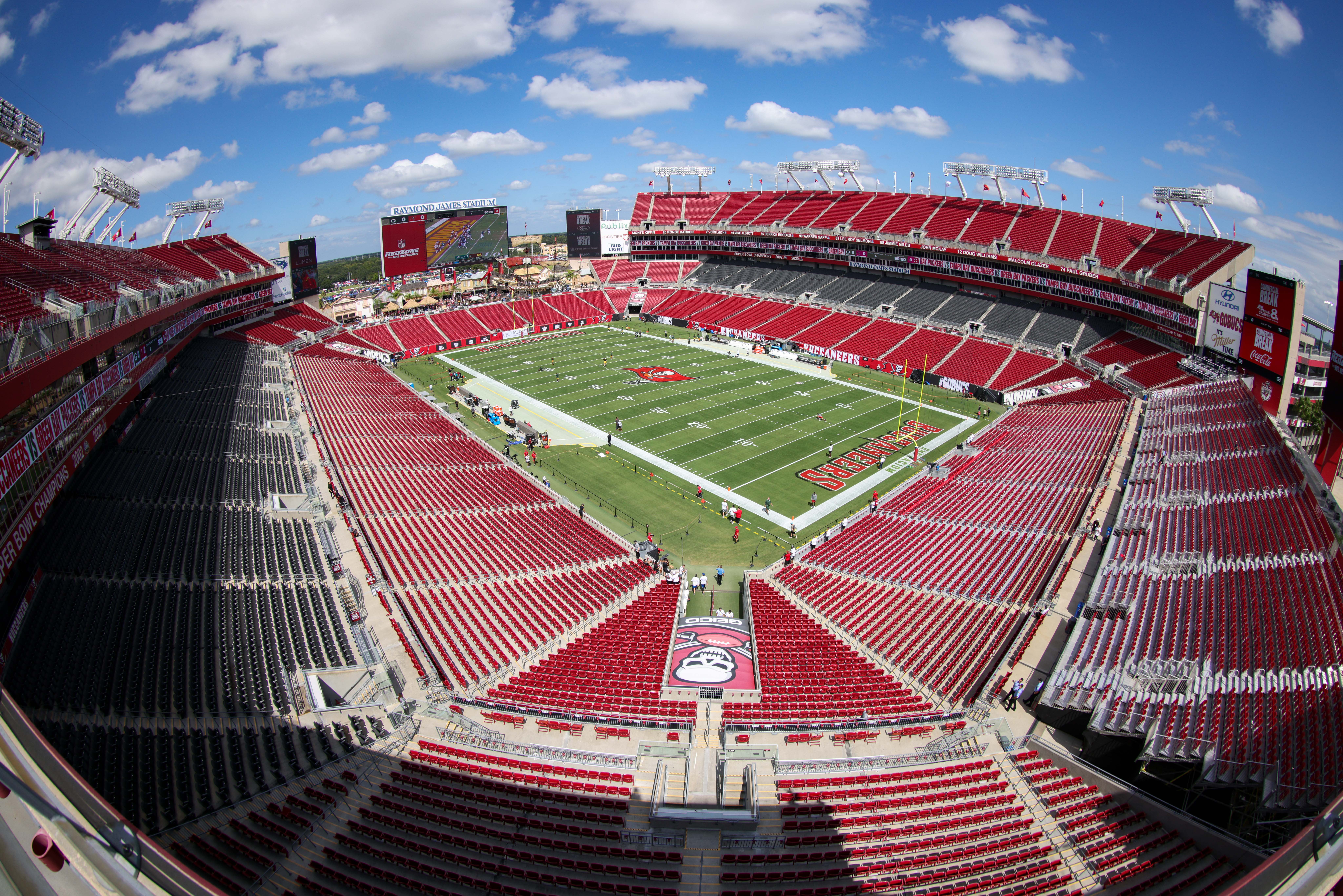 A general view of the stadium before the start of a game featuring the Green Bay Packers and Tampa Bay Buccaneers at Raymond James Stadium.