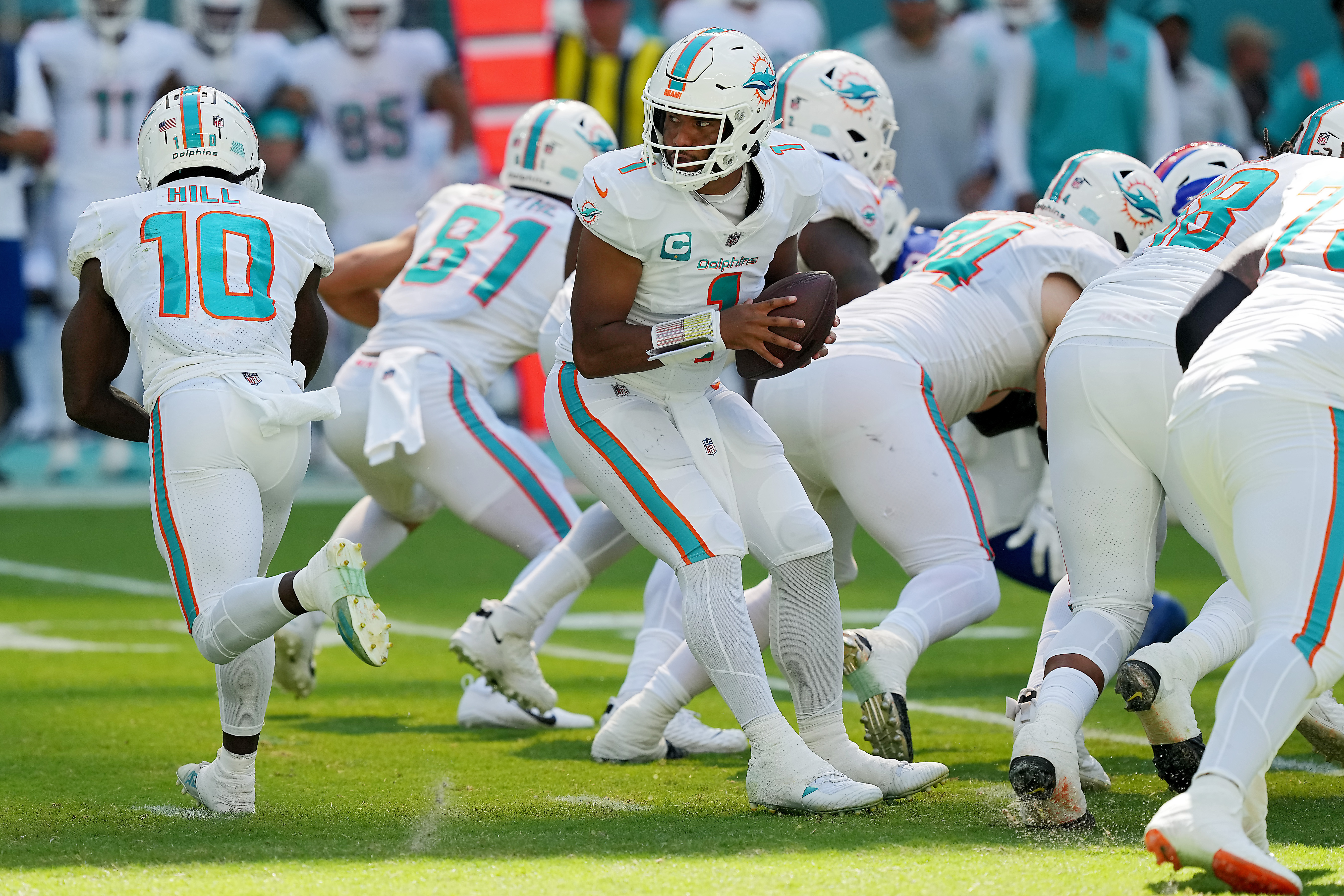 Tua Tagovailoa #1 of the Miami Dolphins looks to hand the ball off during the game against the Buffalo Bills at Hard Rock Stadium on September 25, 2022 in Miami Gardens, Florida.