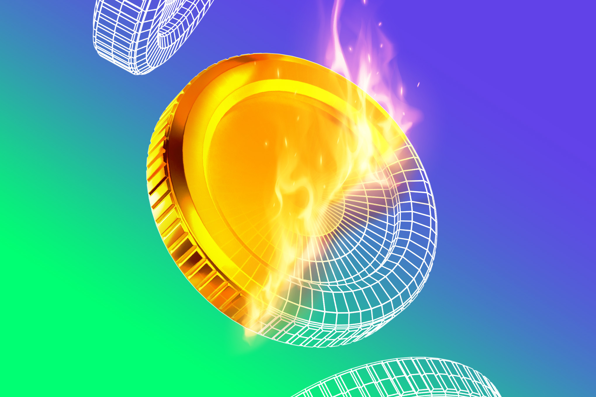 Illustration of a digital coin on fire.