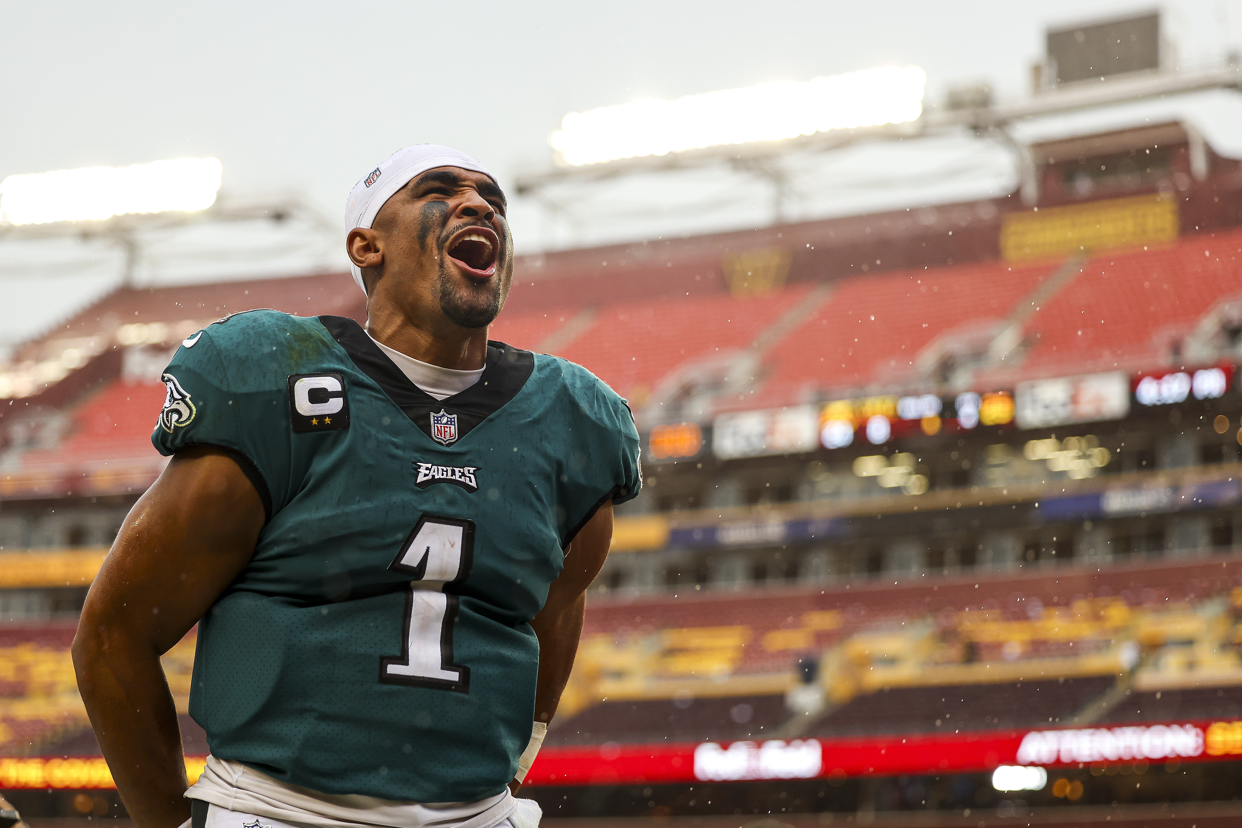 Quarterback Jalen Hurts #1 of the Philadelphia Eagles reacts after his team’s 24-8 win against the Washington Commanders at FedExField on September 25, 2022 in Landover, Maryland.