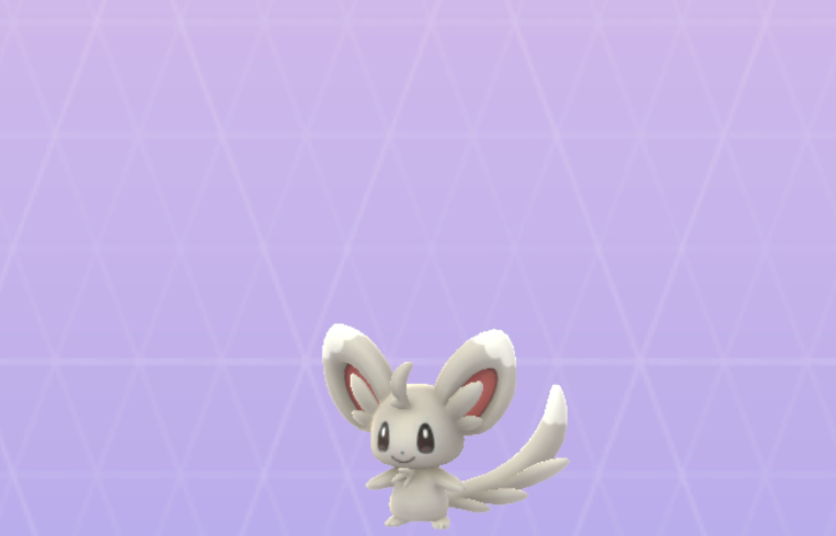Minccino, a white/beige chinchilla-like Pokémon with big ears on the purple Pokémon Go Pokédex background
