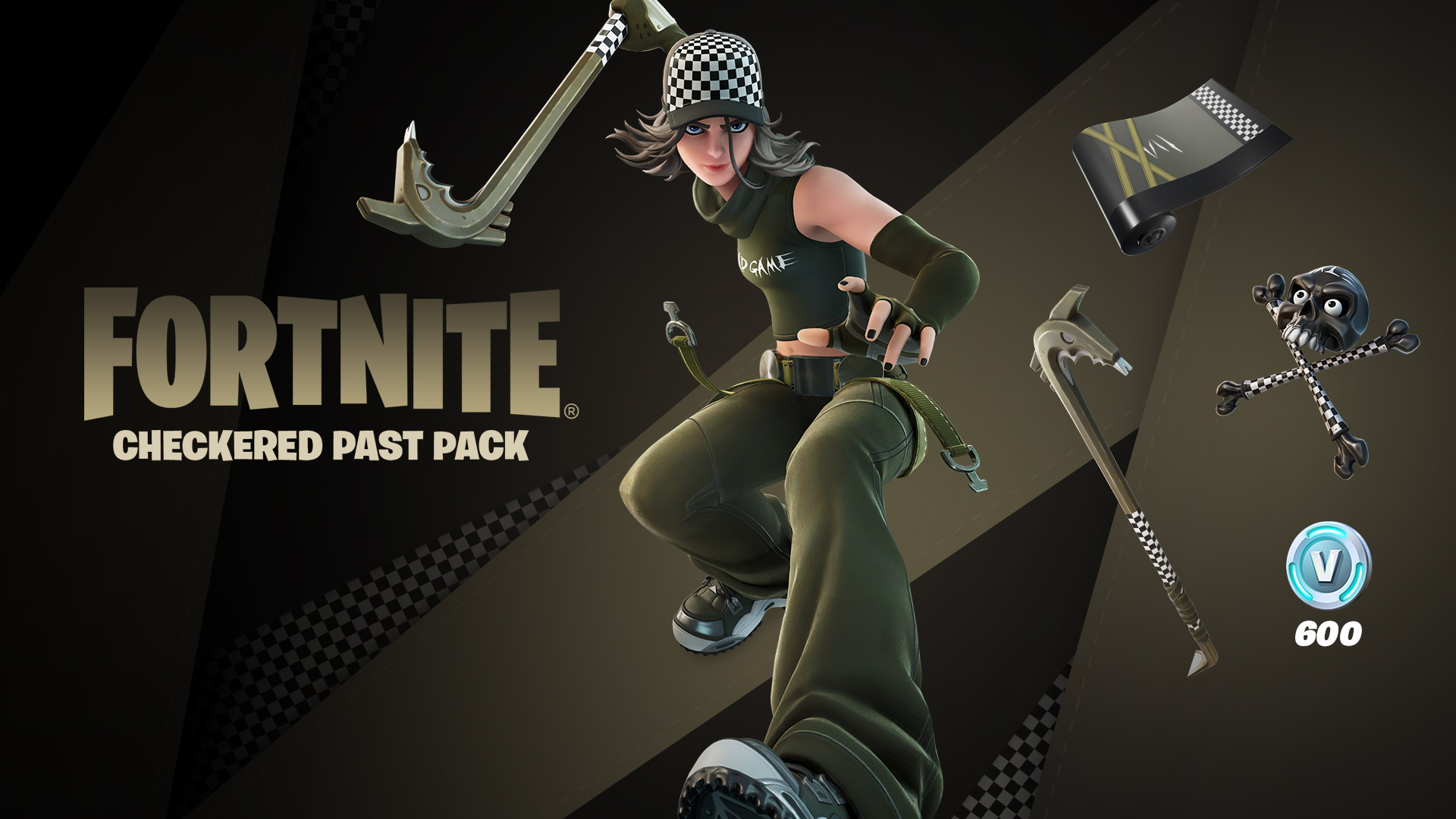 An image of Fortnite character wearing the skin called Checkered Past. The character wears a black and white chekered hat and a black sleeveless tutle-neck. Her top says: “Dead Game” on it. 