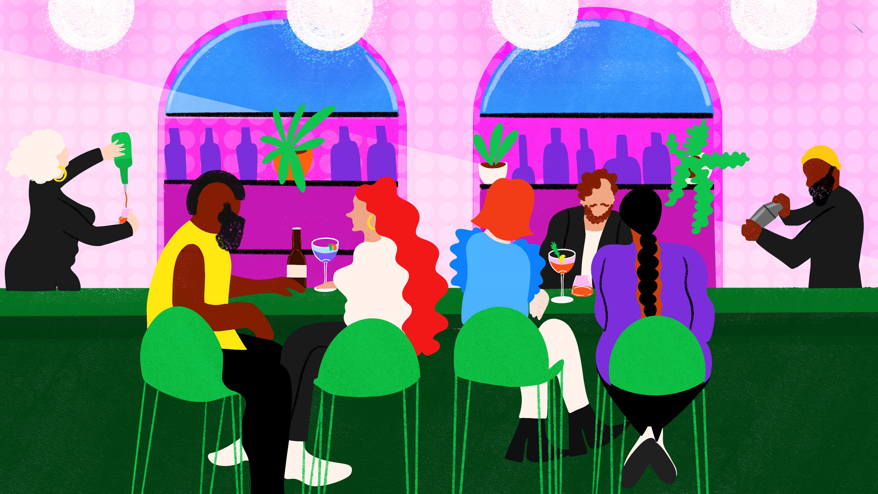 A cartoon of people gathering at a bar.