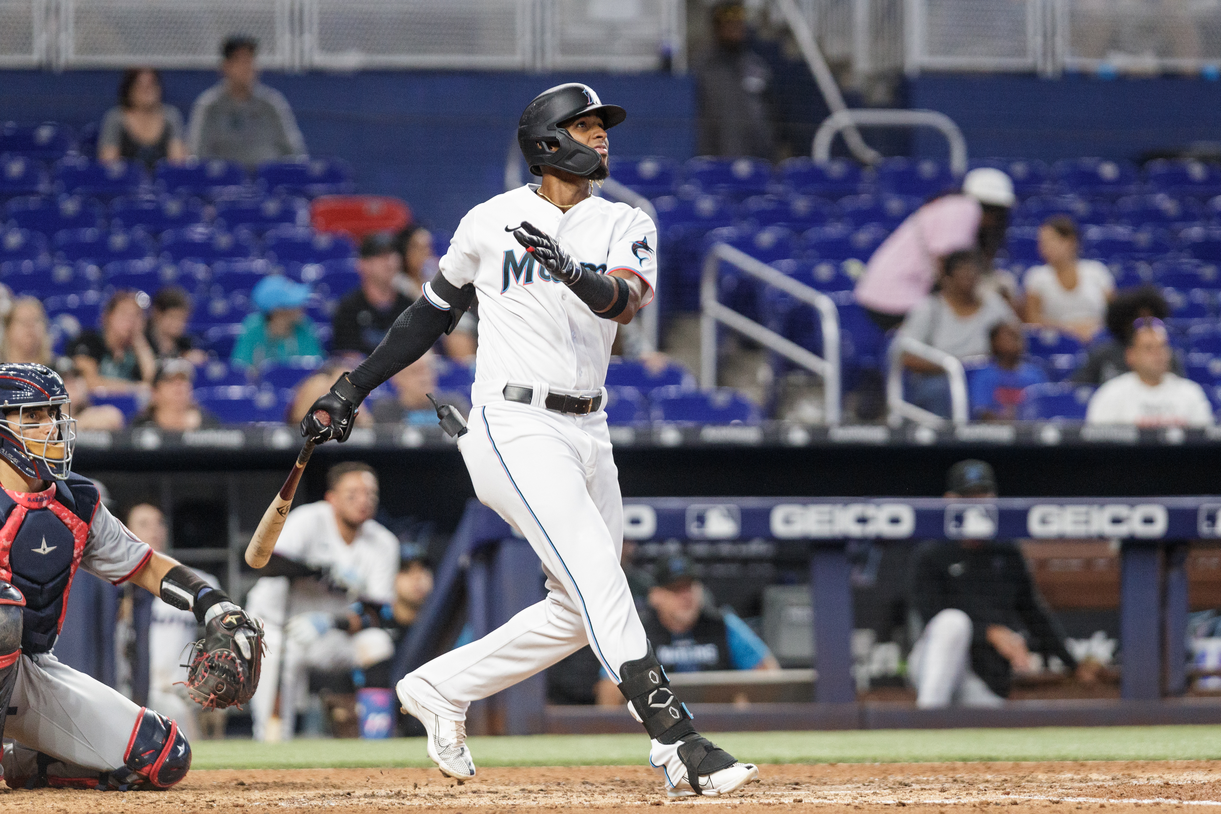 Lewin Díaz #34 of the Miami Marlins hits a home run during the eighth inning against the Washington Nationals at loanDepot park on September 25, 2022 in Miami, Florida.