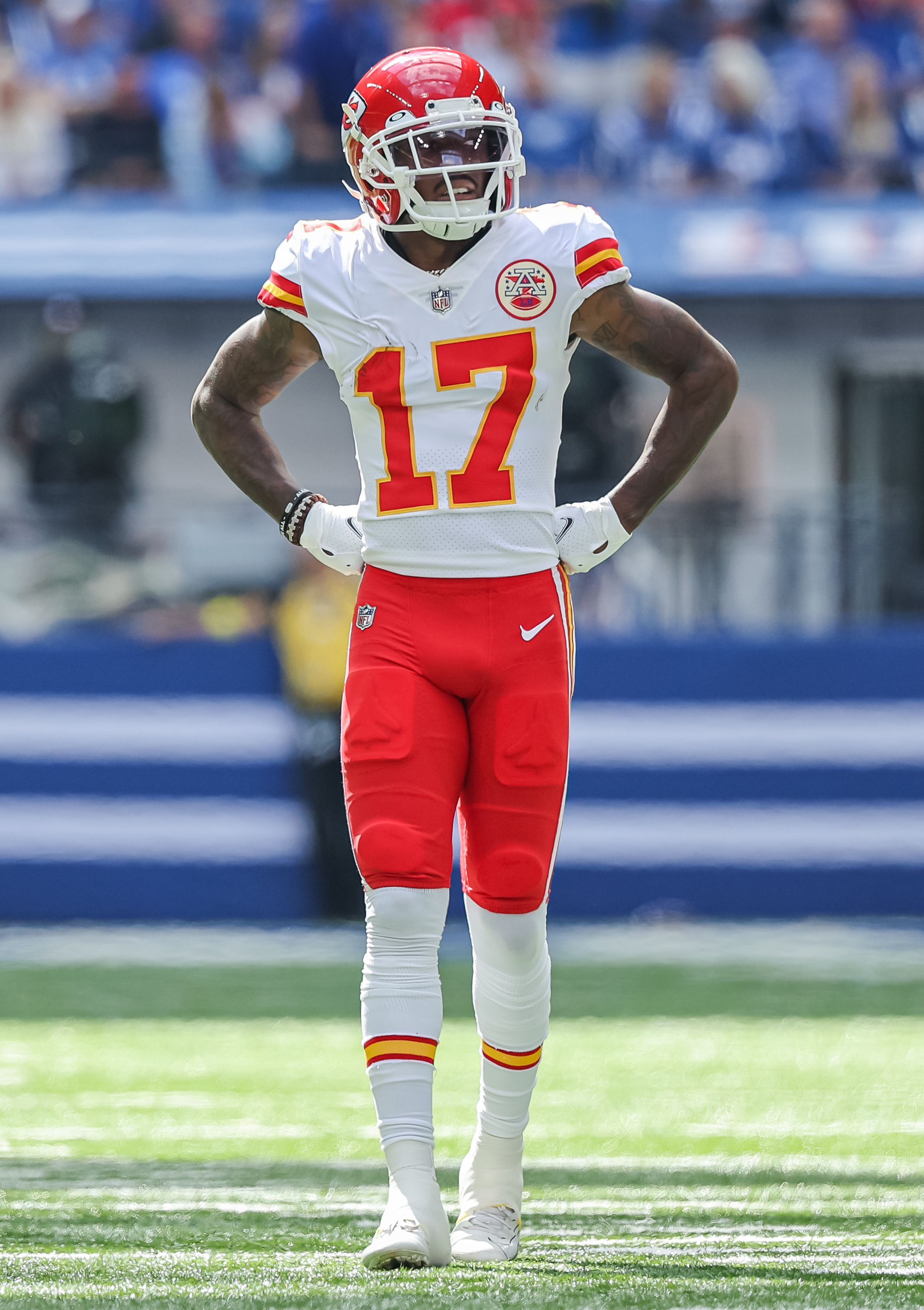 Mecole Hardman #17 of the Kansas City Chiefs is seen during the game against the Indianapolis Colts at Lucas Oil Stadium on September 25, 2022 in Indianapolis, Indiana.