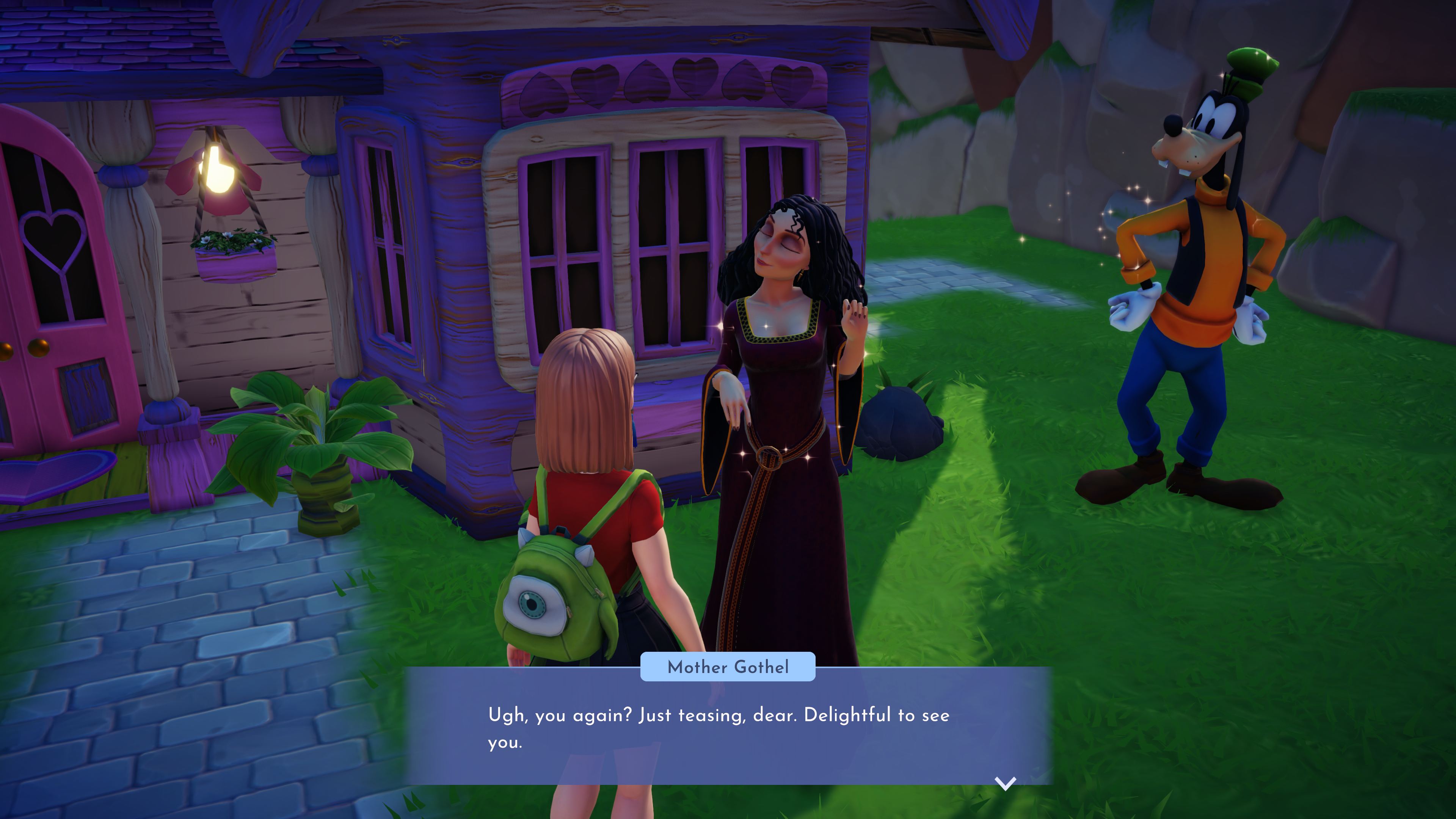 Nicole’s Disney Dreamlight Valley avatar talking to Rapunzel’s mother Gothel, with Goofy looking on.