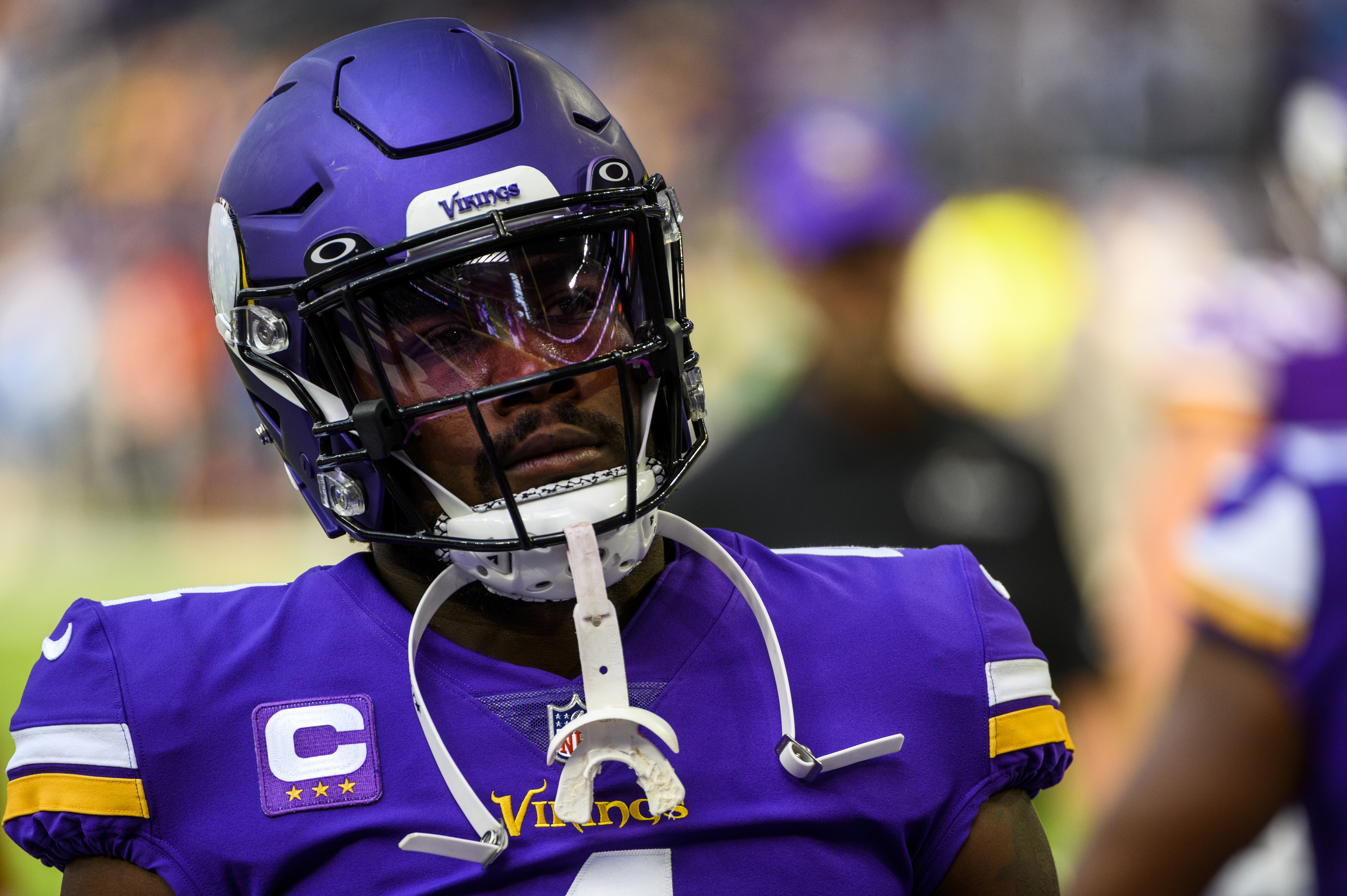Dalvin Cook #4 of the Minnesota Vikings warms up before the game against the Detroit Lions at U.S. Bank Stadium on September 25, 2022 in Minneapolis, Minnesota.