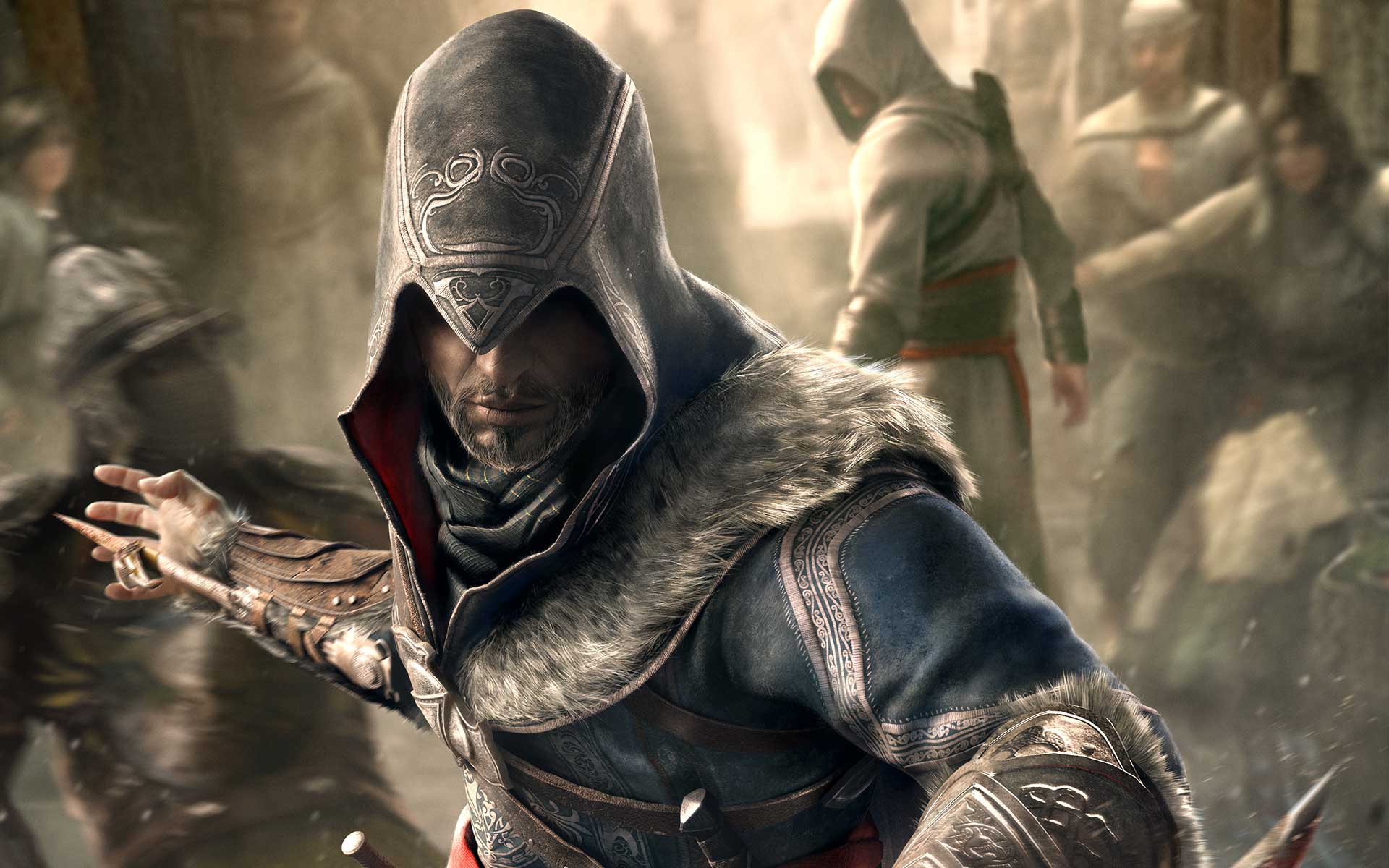 Ezio wields a hidden blade while the ghost of Altair walks behind him in key art for Assassin’s Creed Revelations.