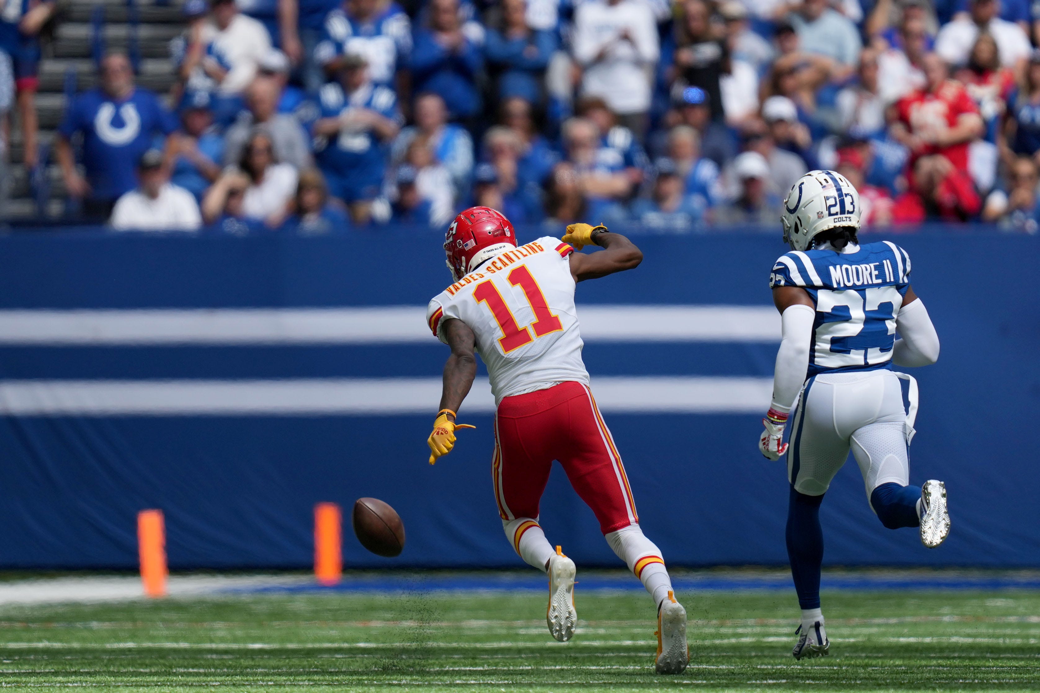A&nbsp;pass intended for Kansas City Chiefs wide receiver Marquez Valdes-Scantling (11) goes incomplete while under pressure by Indianapolis Colts cornerback Kenny Moore II (23) on Sunday, Sept. 25, 2022, during a game against the Kansas City Chiefs at Lucas Oil Stadium in Indianapolis.