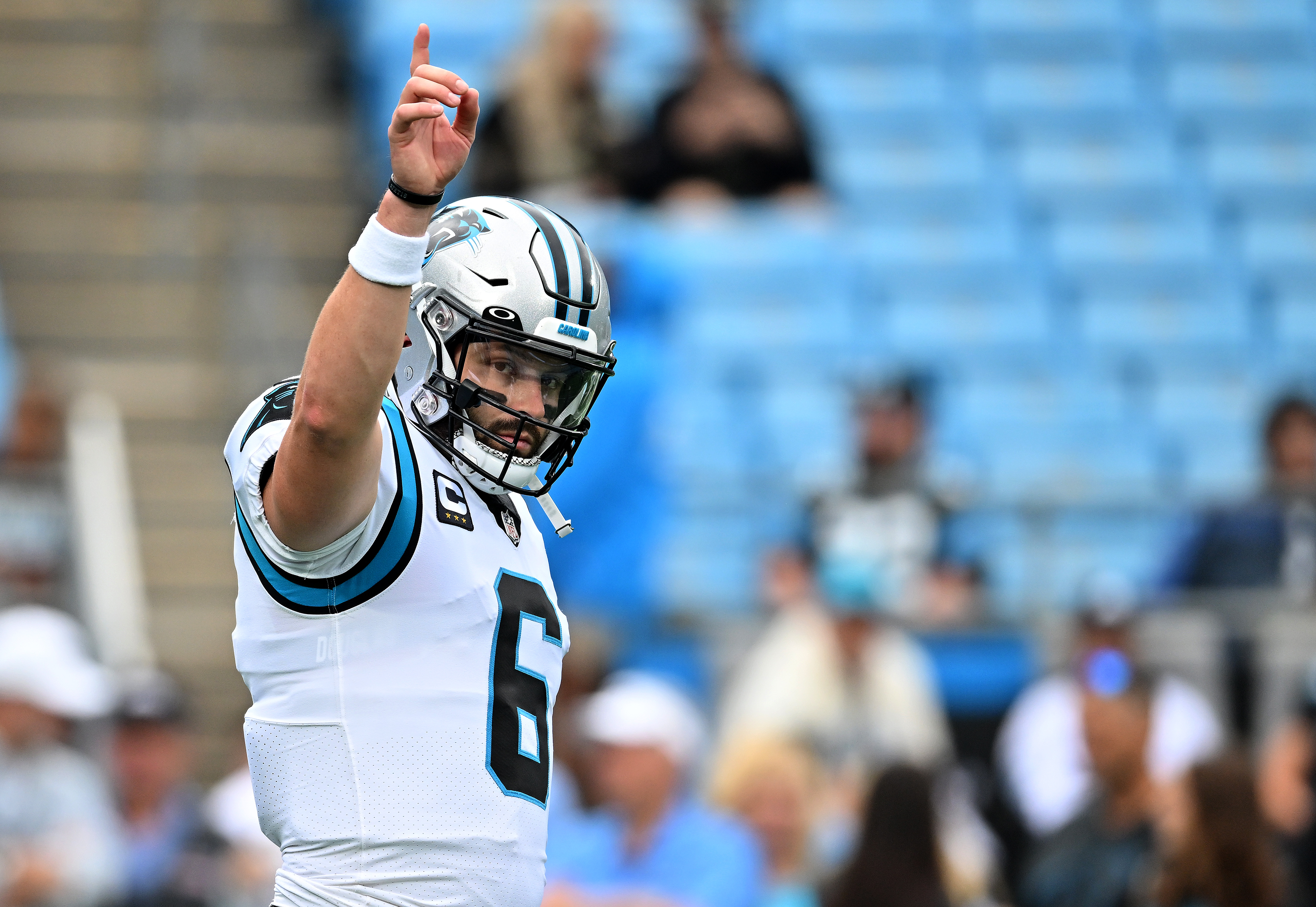 Baker Mayfield of the Carolina Panthers is shown during their game against the New Orleans Saints at Bank of America Stadium on September 25, 2022 in Charlotte, North Carolina.