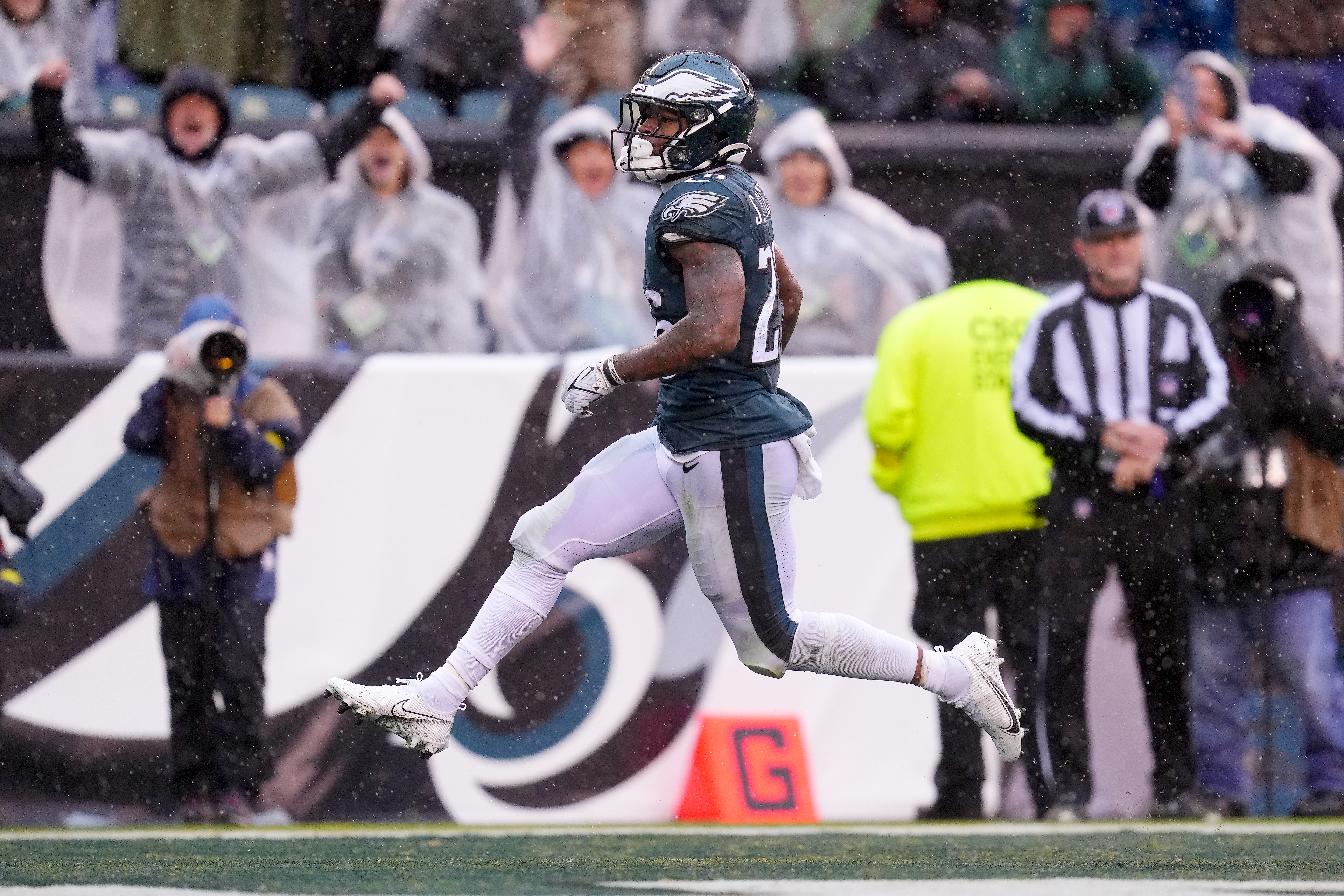 Miles Sanders #26 of the Philadelphia Eagles scores a touchdown during the second quarter against the Jacksonville Jaguars at Lincoln Financial Field on October 02, 2022 in Philadelphia, Pennsylvania.