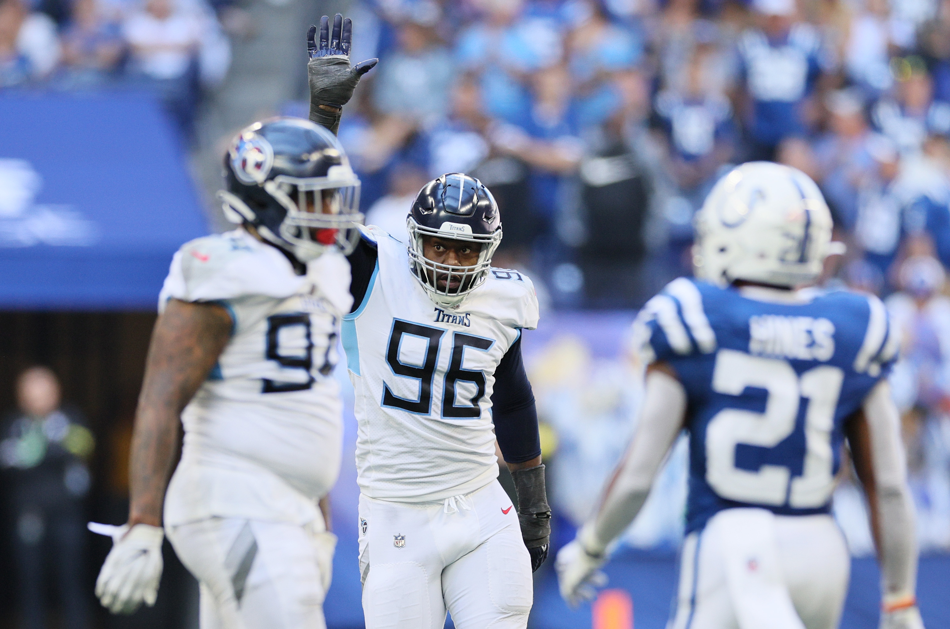 Denico Autry #96 of the Tennessee Titans celebrates a sack against the Indianapolis Colts at Lucas Oil Stadium on October 02, 2022 in Indianapolis, Indiana.