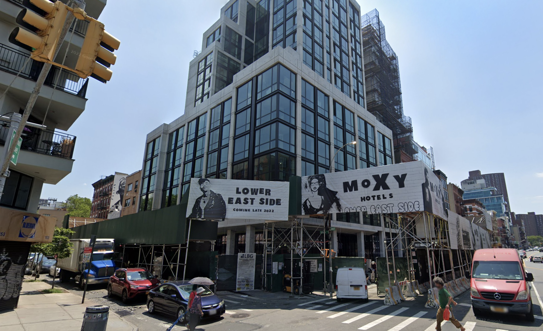 A screenshot of the exterior of the Moxy Hotel on the Lower East Side taken on Google Maps.