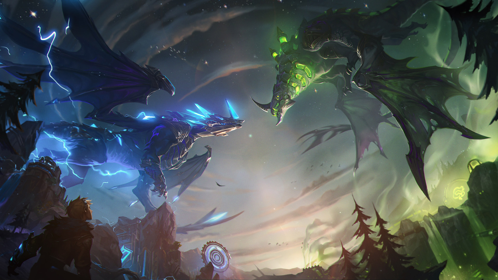 League of Legends - Promotional art of the Chemtech Drake and Hextech Drake facing off in battle over the Summoner’s Rift