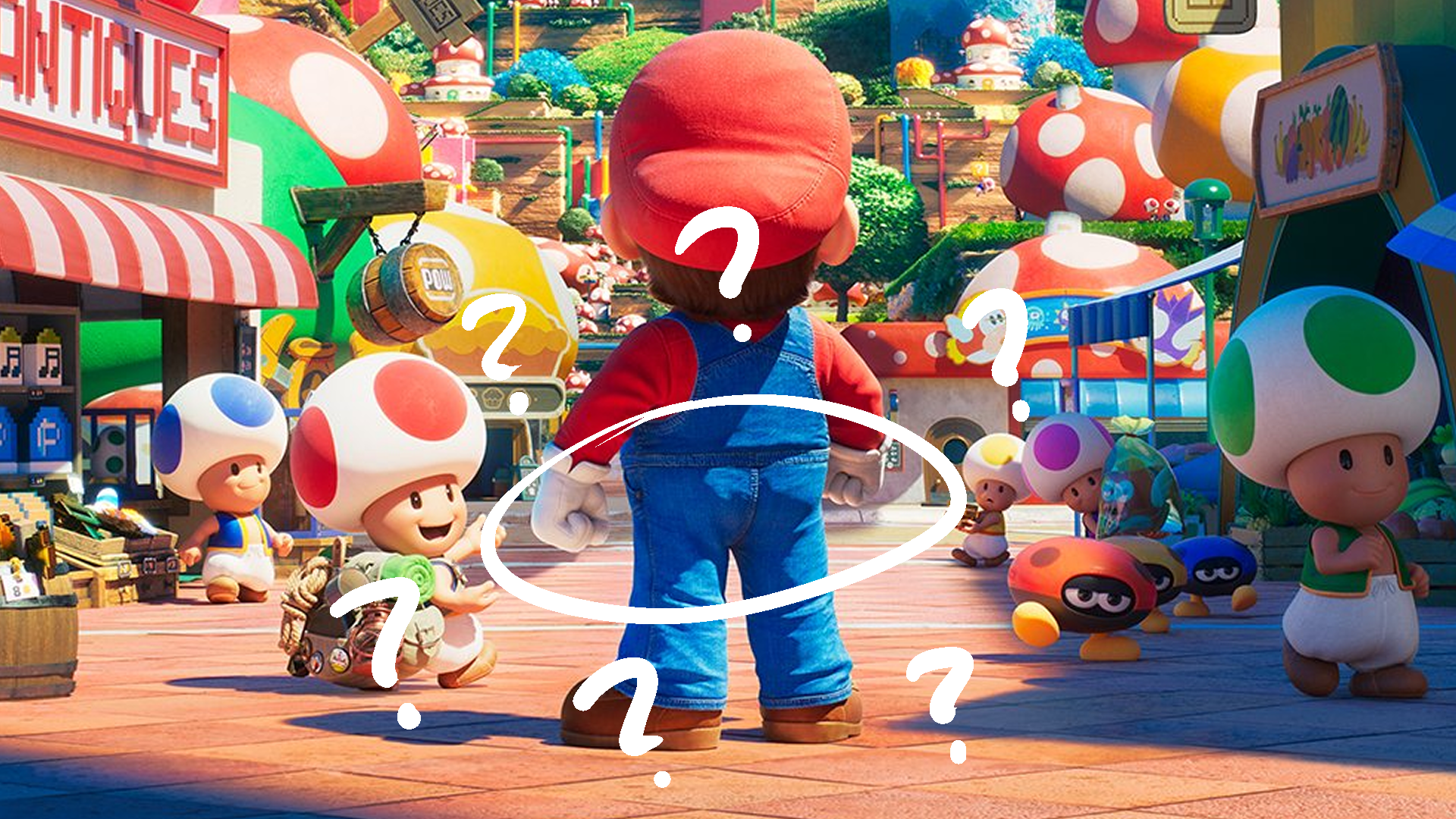 A teaser shot from the Mario feature film, with a circle and question marks drawn around his suspiciously small butt.