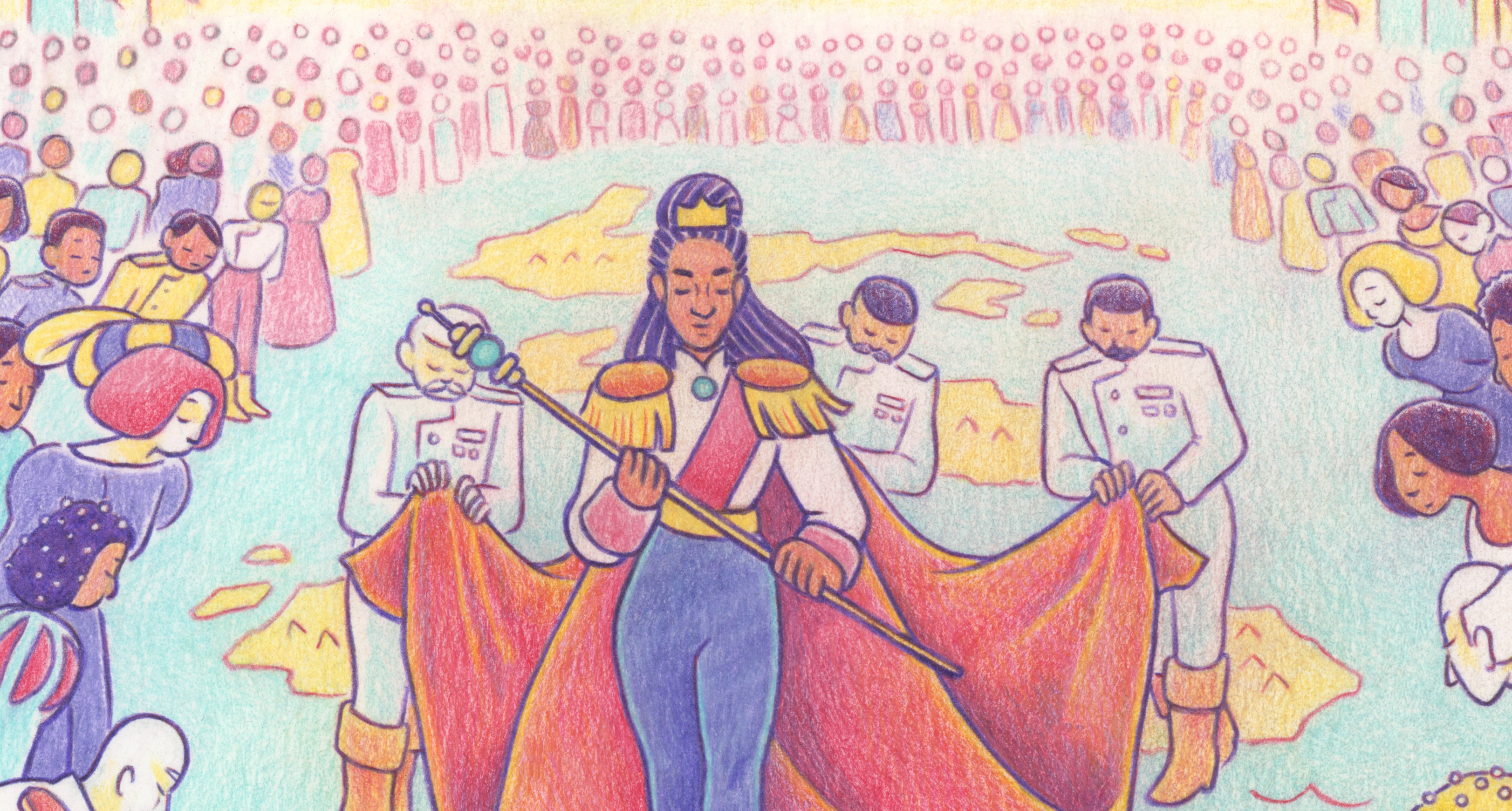 A Black woman in a crown with a long red cape held up by three liveried servants ascends an unseen height with a vast crowd behind her in Other Ever Afters