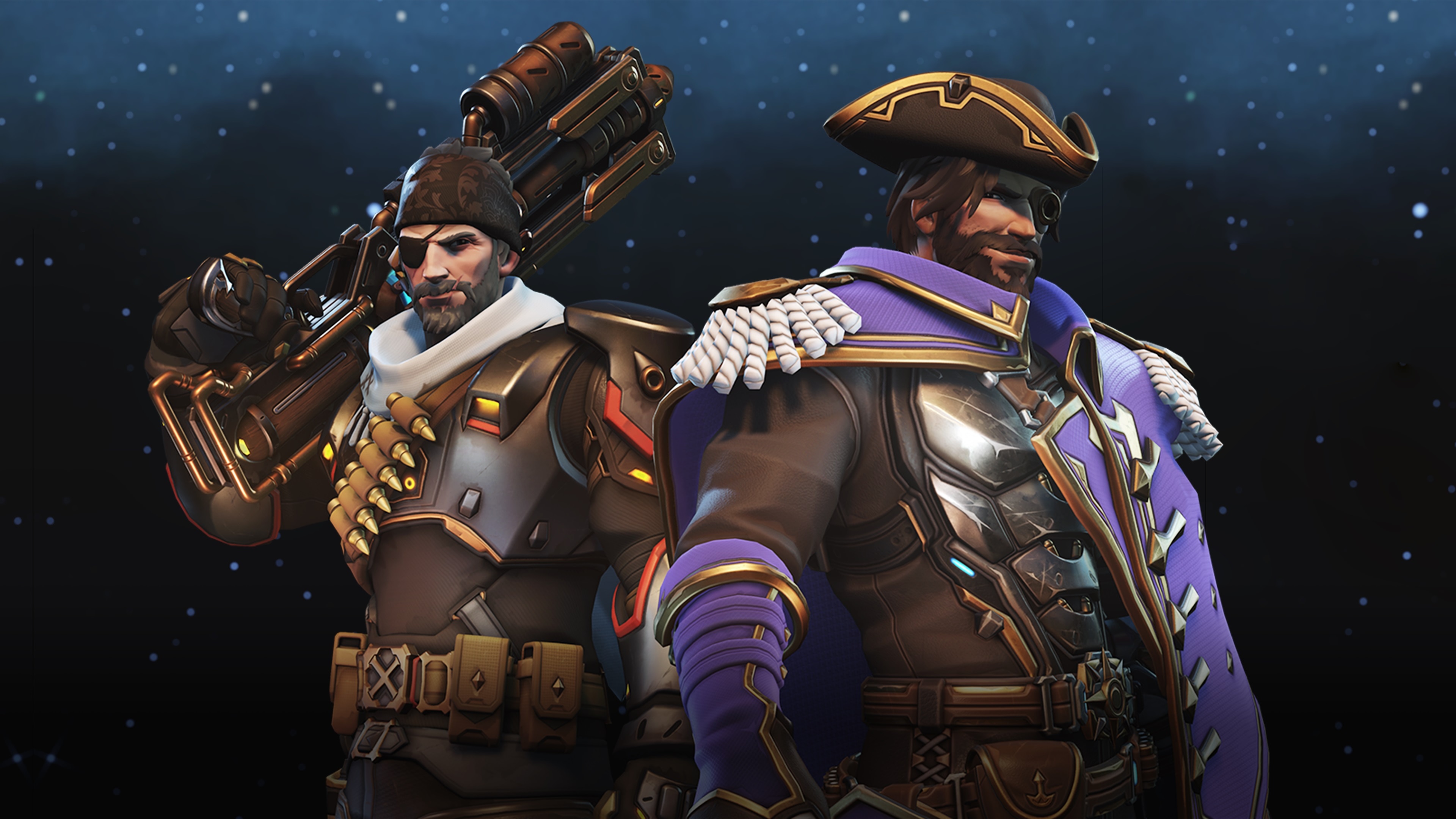 Soldier: 76 and Cassidy in their respective Space Raider skins, against a starry background, in artwork for Overwatch 2’s Watchpoint Pack