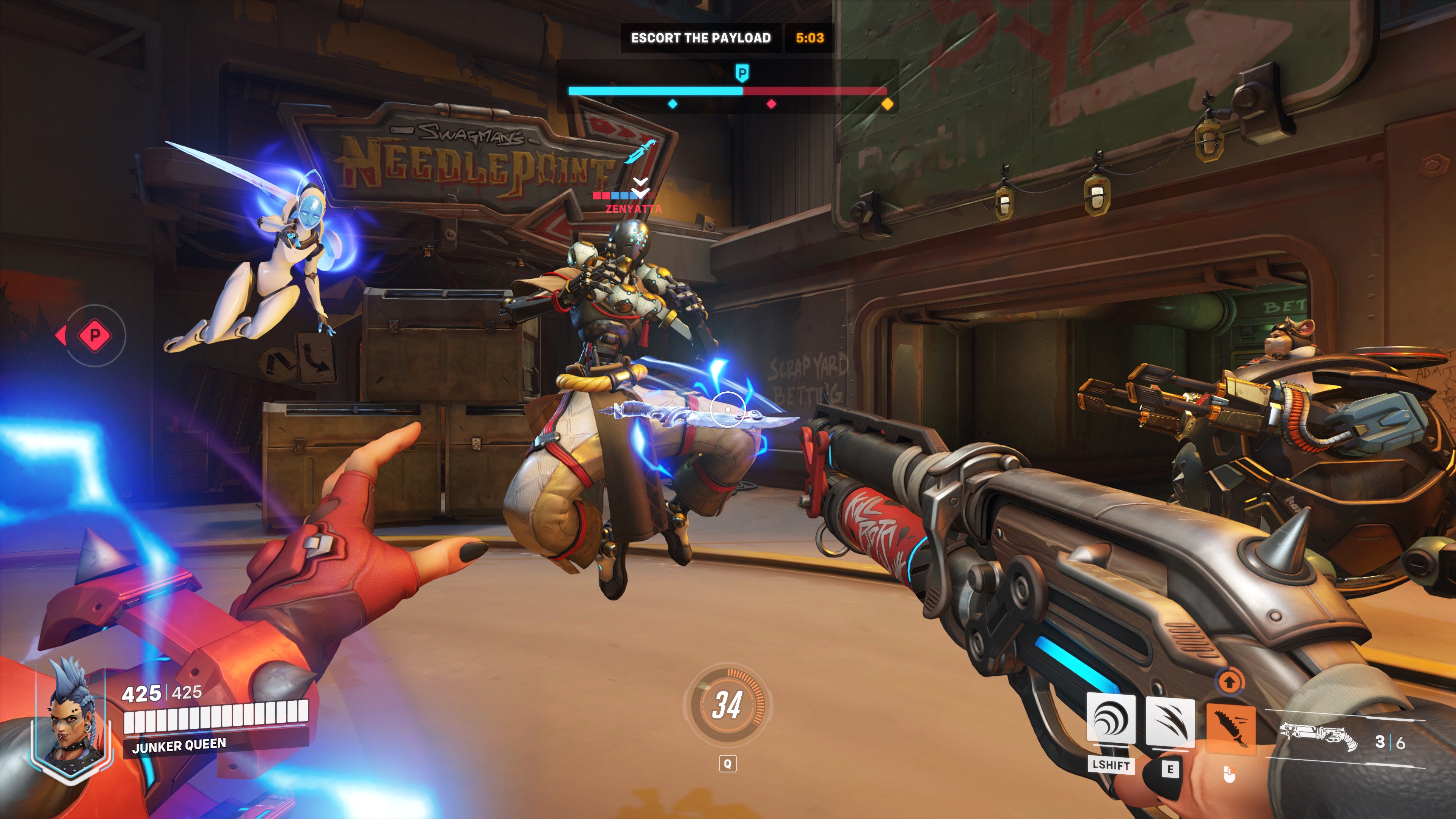 Junker Queen recalls her knife using a magnetic glove as she faces Zenyatta and Echo in Junkertown in a screenshot from Overwatch 2