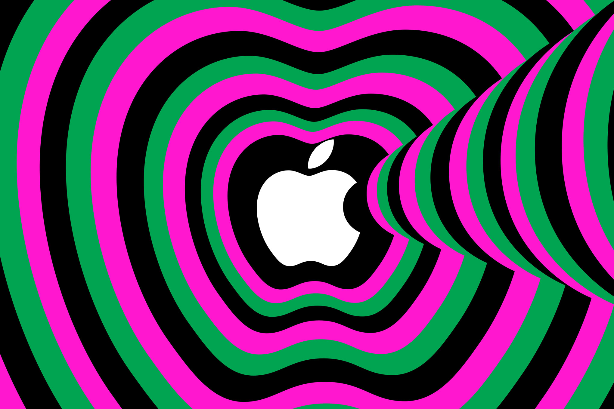 Image of the Apple logo surrounded by grey, pink, and green outlines