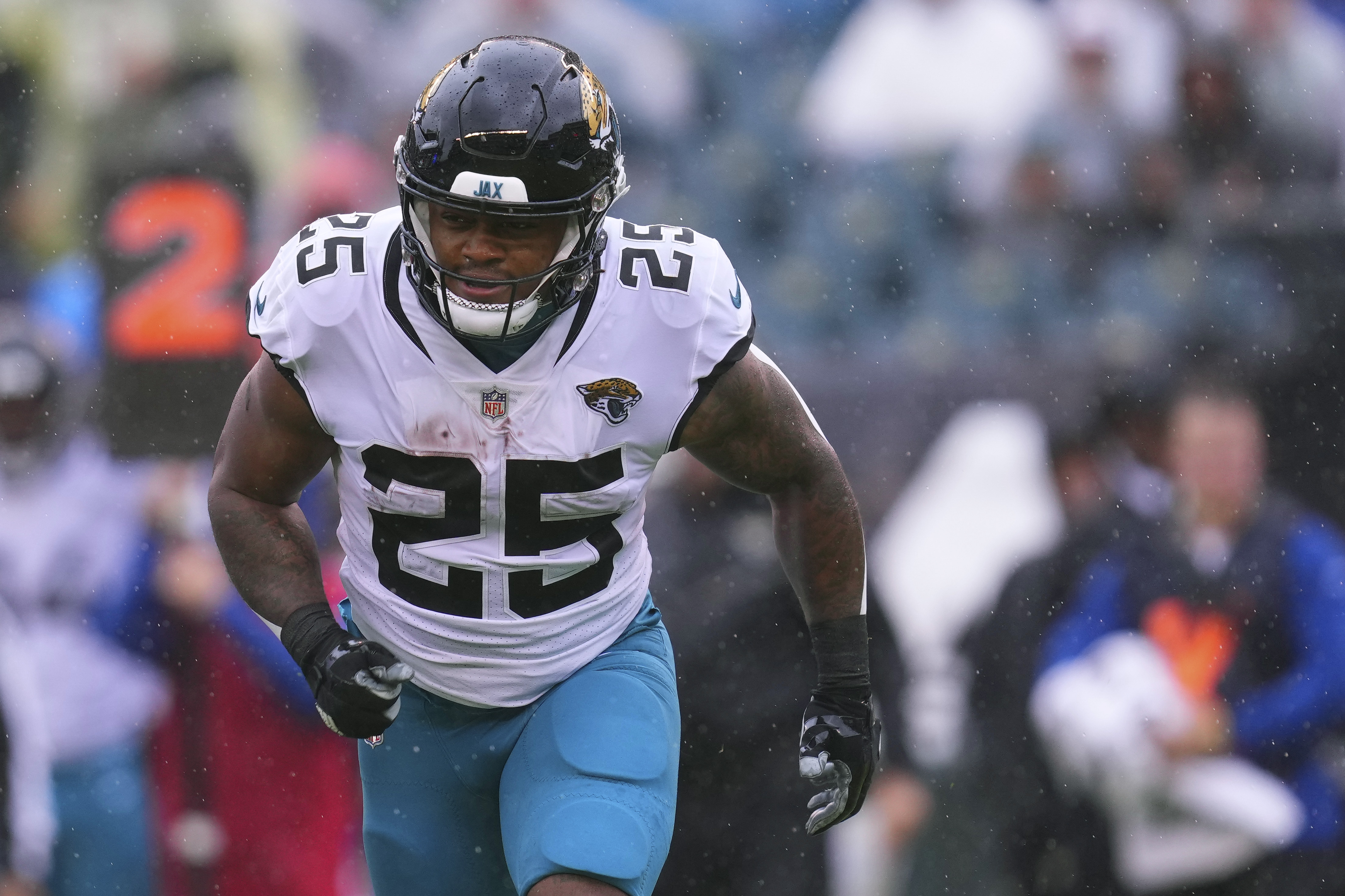 James Robinson #25 of the Jacksonville Jaguars in action against the Philadelphia Eagles at Lincoln Financial Field on October 2, 2022 in Philadelphia, Pennsylvania.