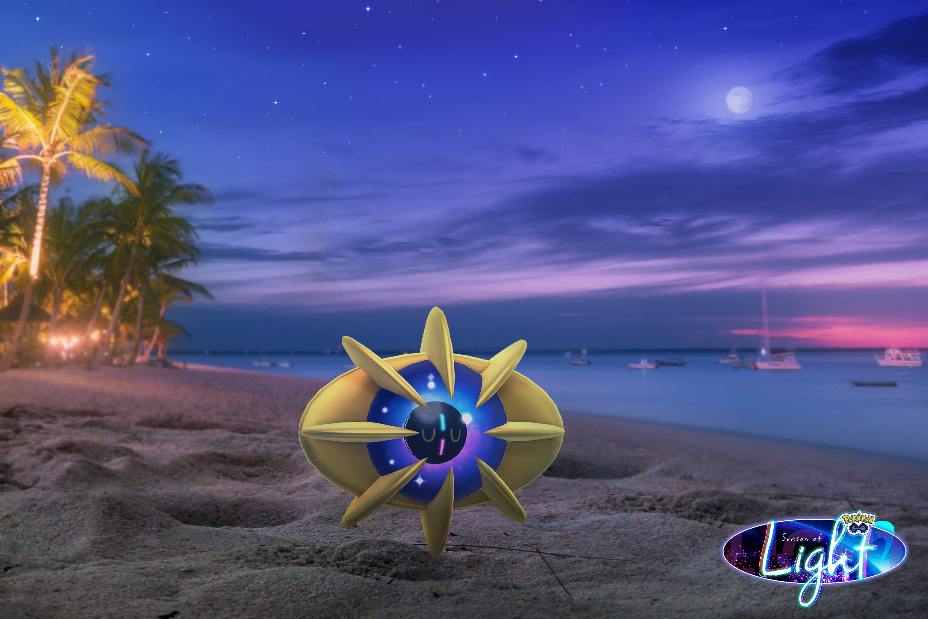 Cosmoem, a Pokémon who looks like a mysterious golden galaxy eye, sleeps on the beach