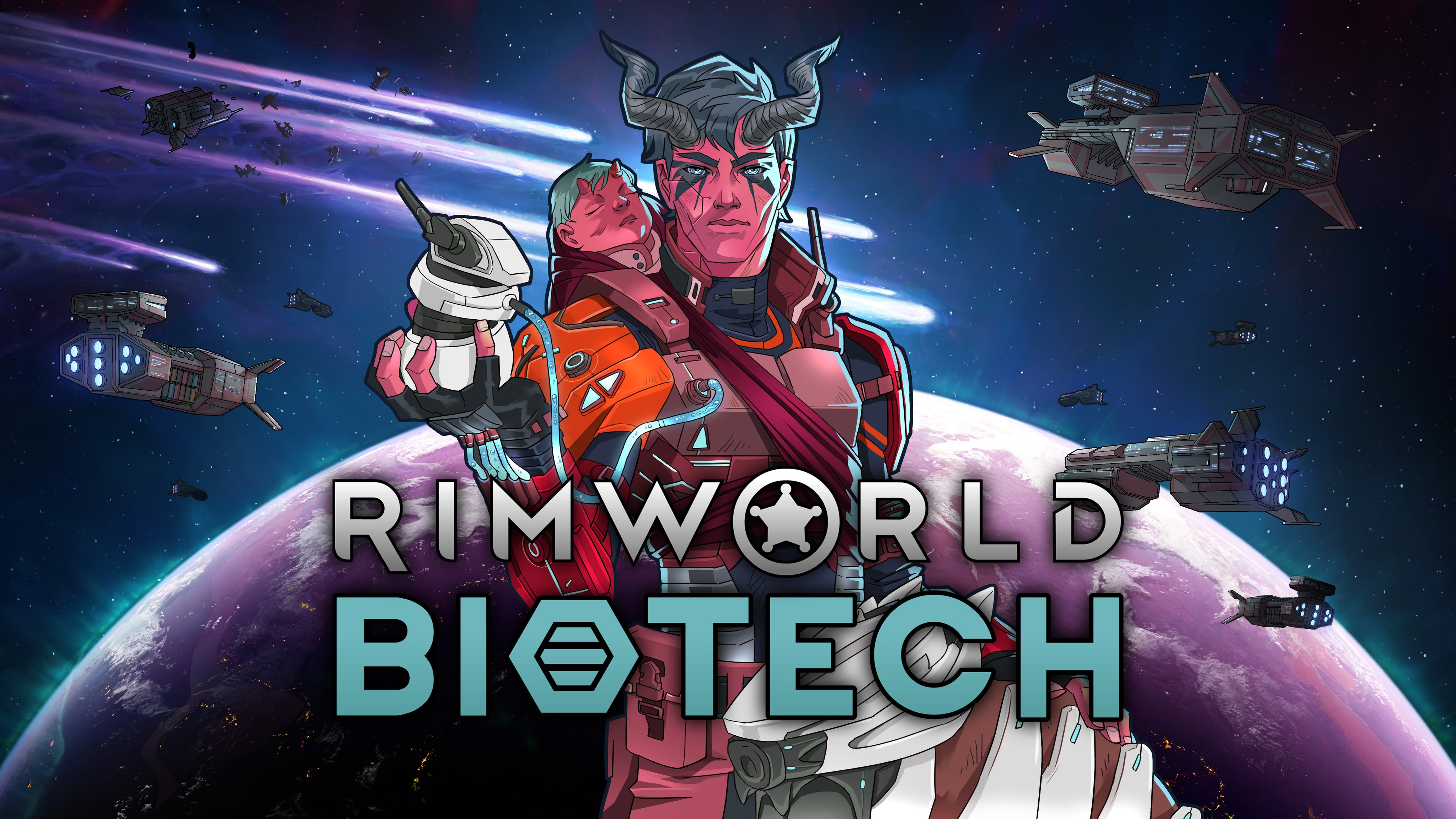 RimWorld: Biotech - The expansion’s key art, showing a red skinned figure with horns standing against a space background. A small child from the same species rests in a bundle on his back.