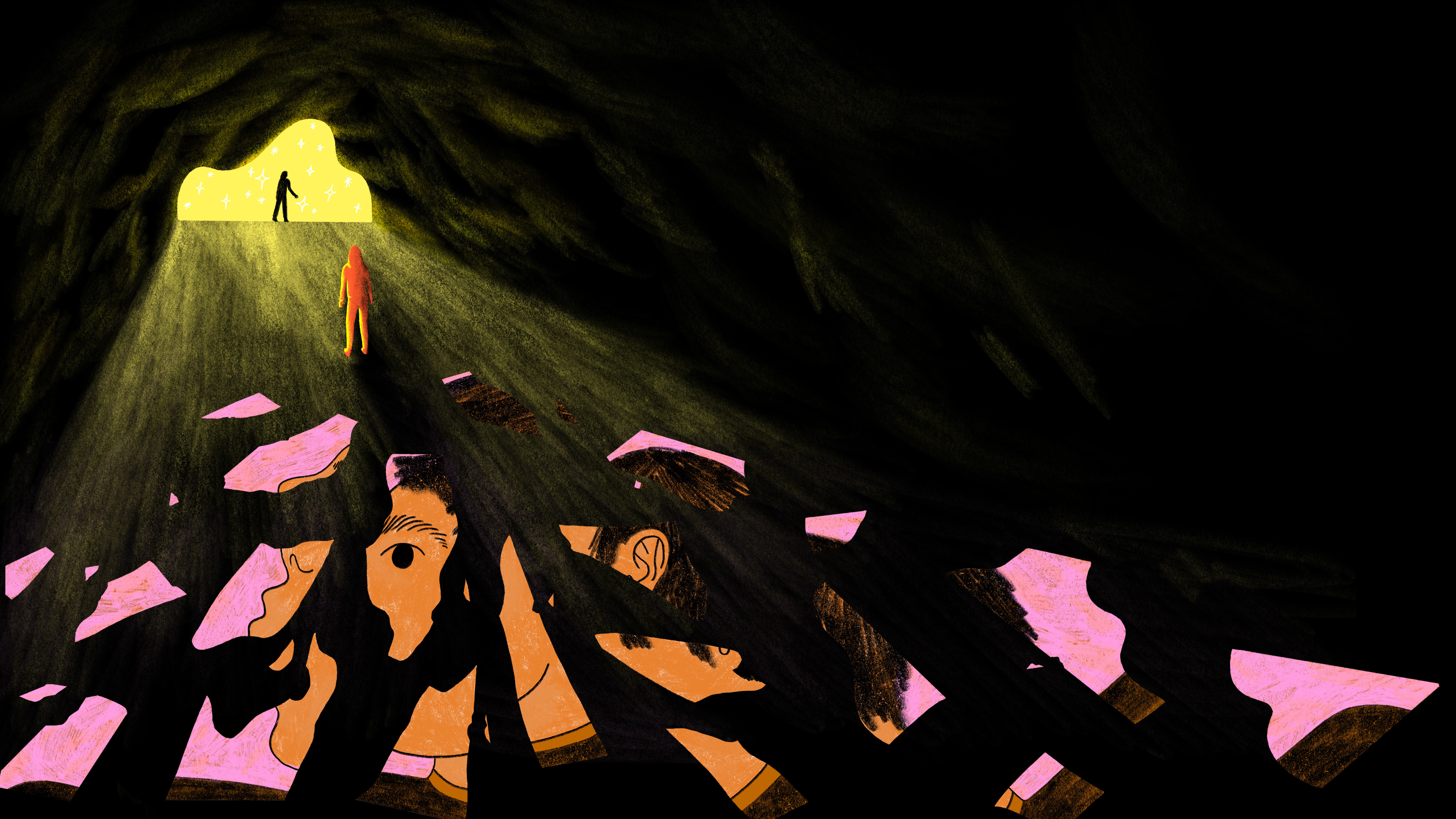 A figure walks out of a dark cave into the light. Shards of a broken picture remain behind them in the cave.