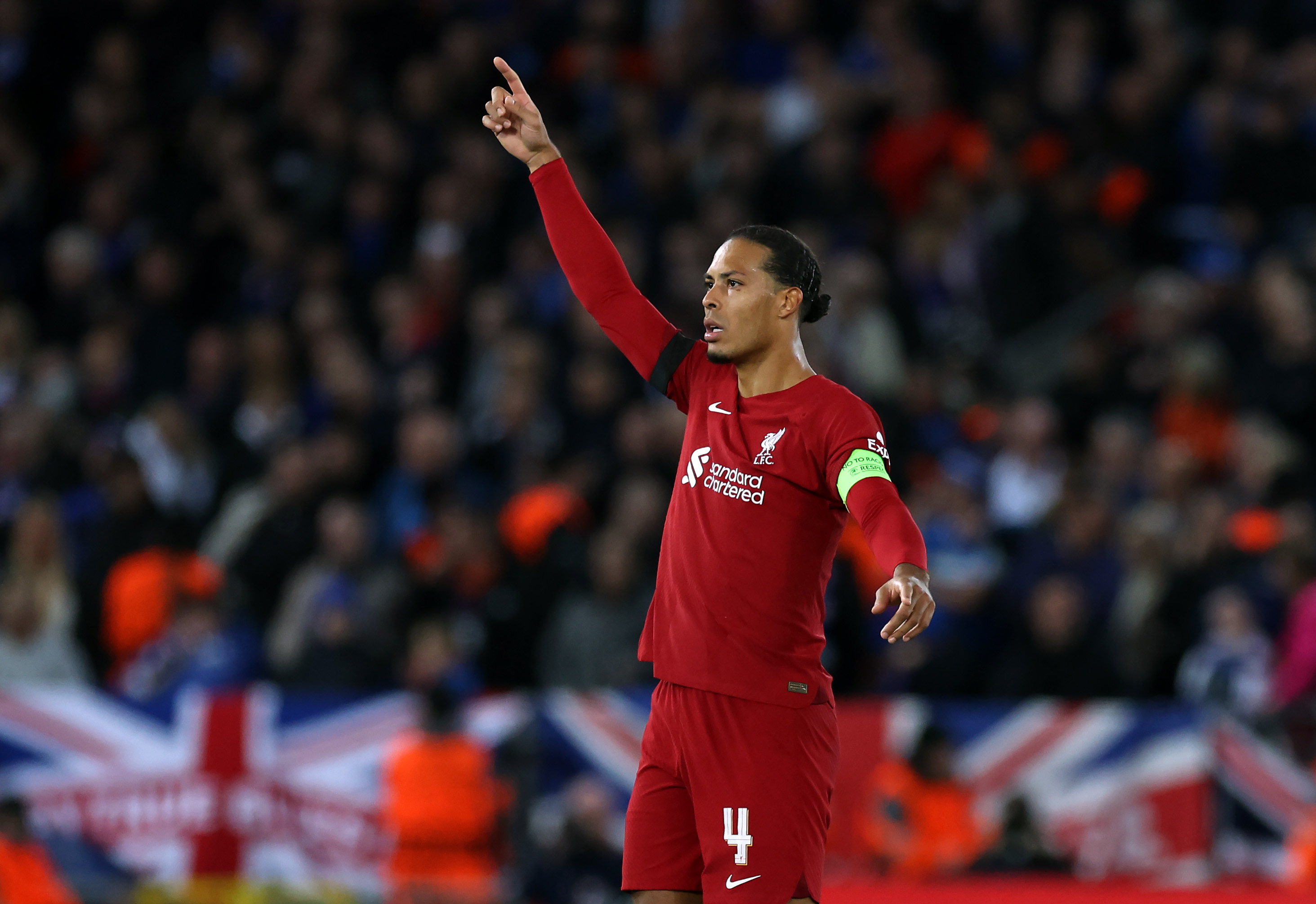 Virgil van Dijk of Liverpool gestures during the UEFA Champions League group A match between Liverpool FC and Rangers FC at Anfield on October 04, 2022 in Liverpool, England.