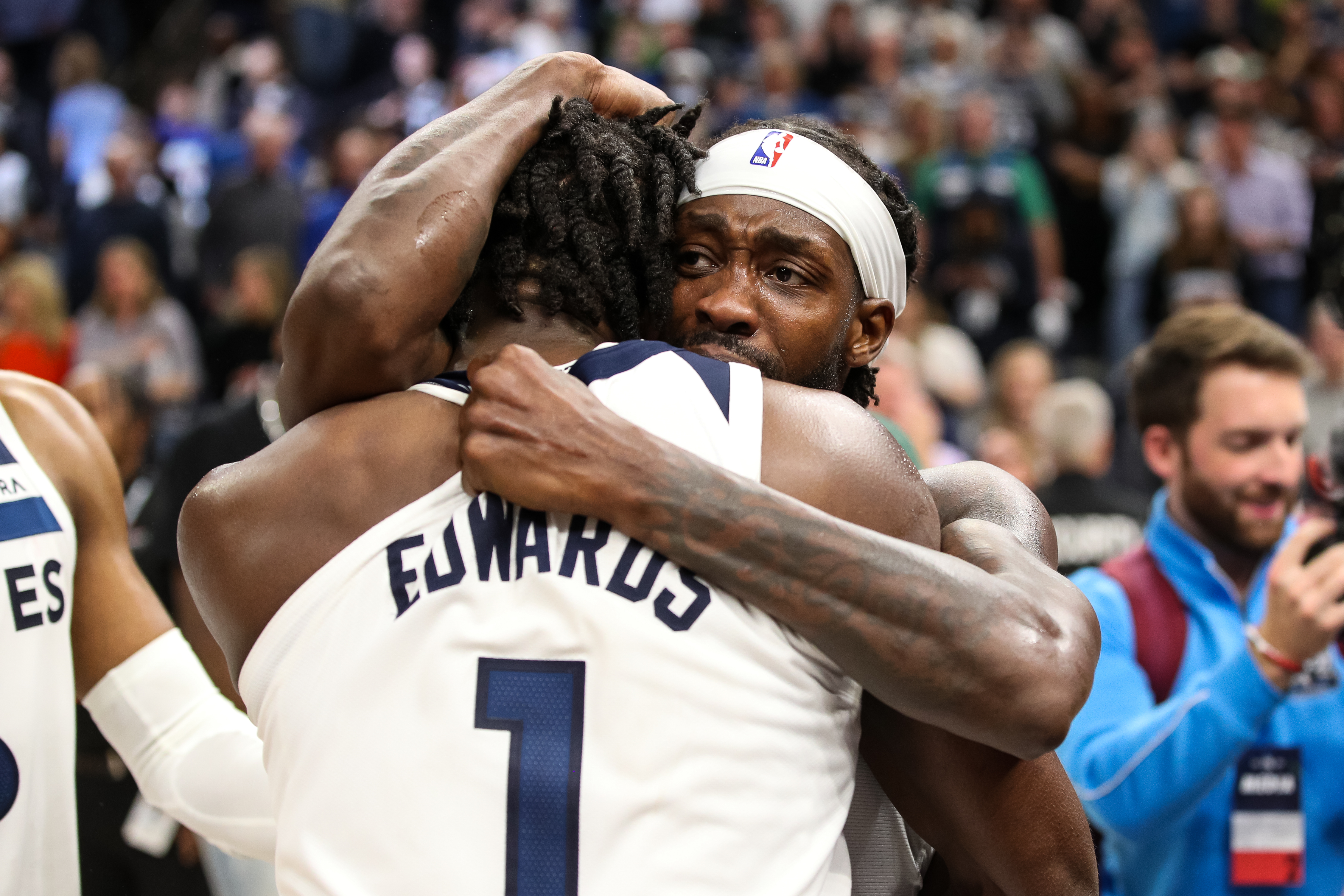 Beverly embracing Anthony Edwards after their Play-In win against the Los Angeles Clippers 