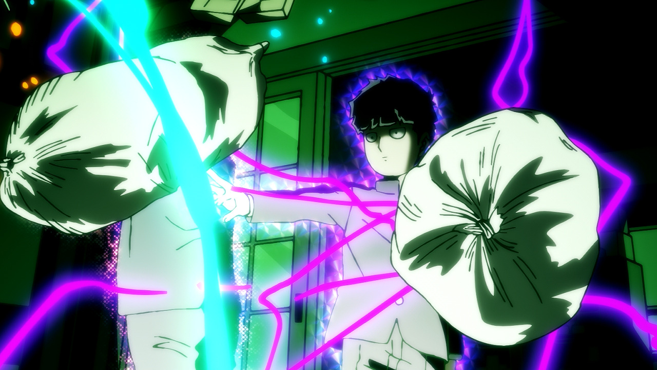 Mob glowing with purple psychic energy. There is also energy flying around him in streams, along with garbage bags