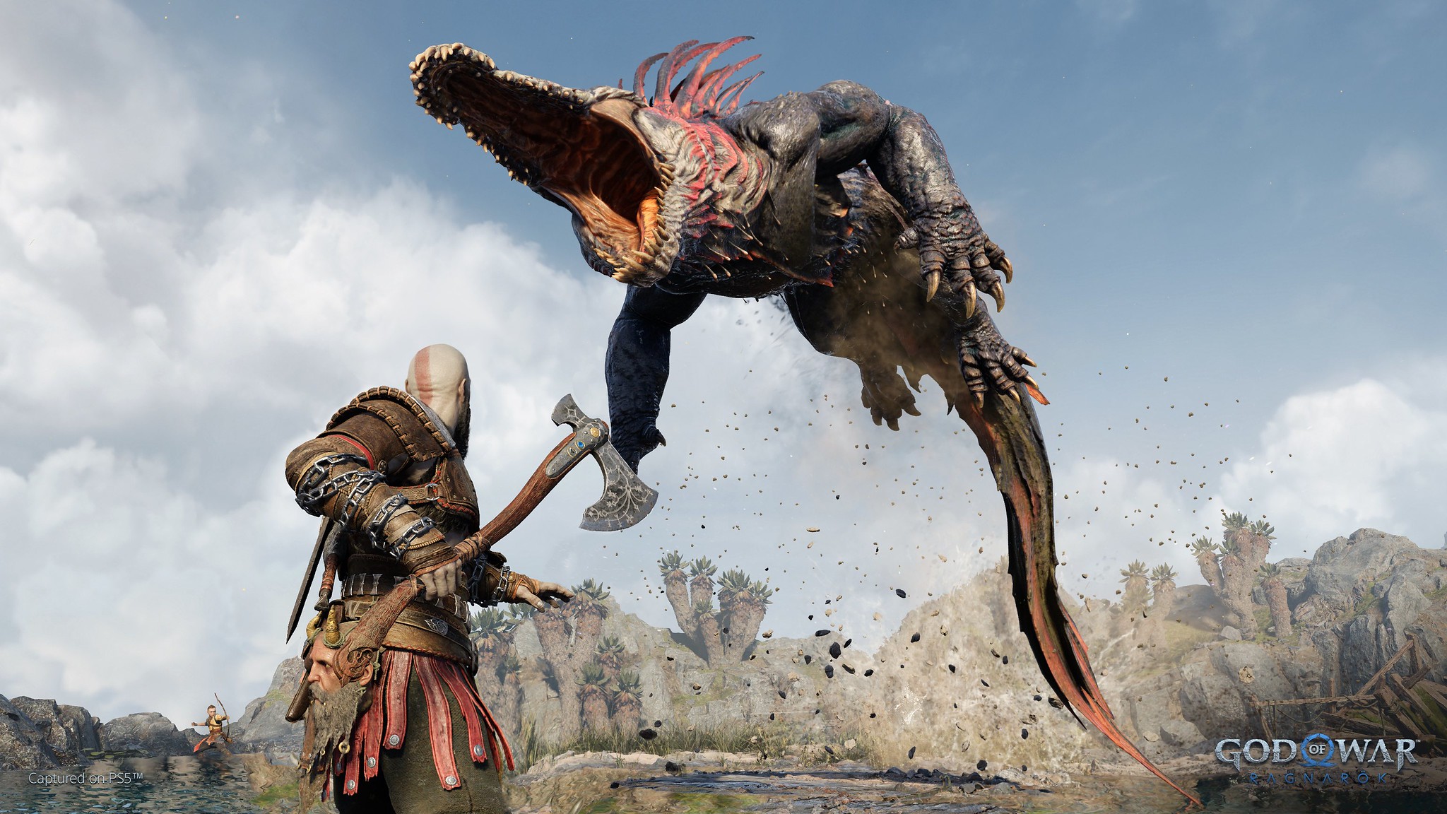 a creature that looks like an alligator attacking Kratos from the air in God of War Ragnarok