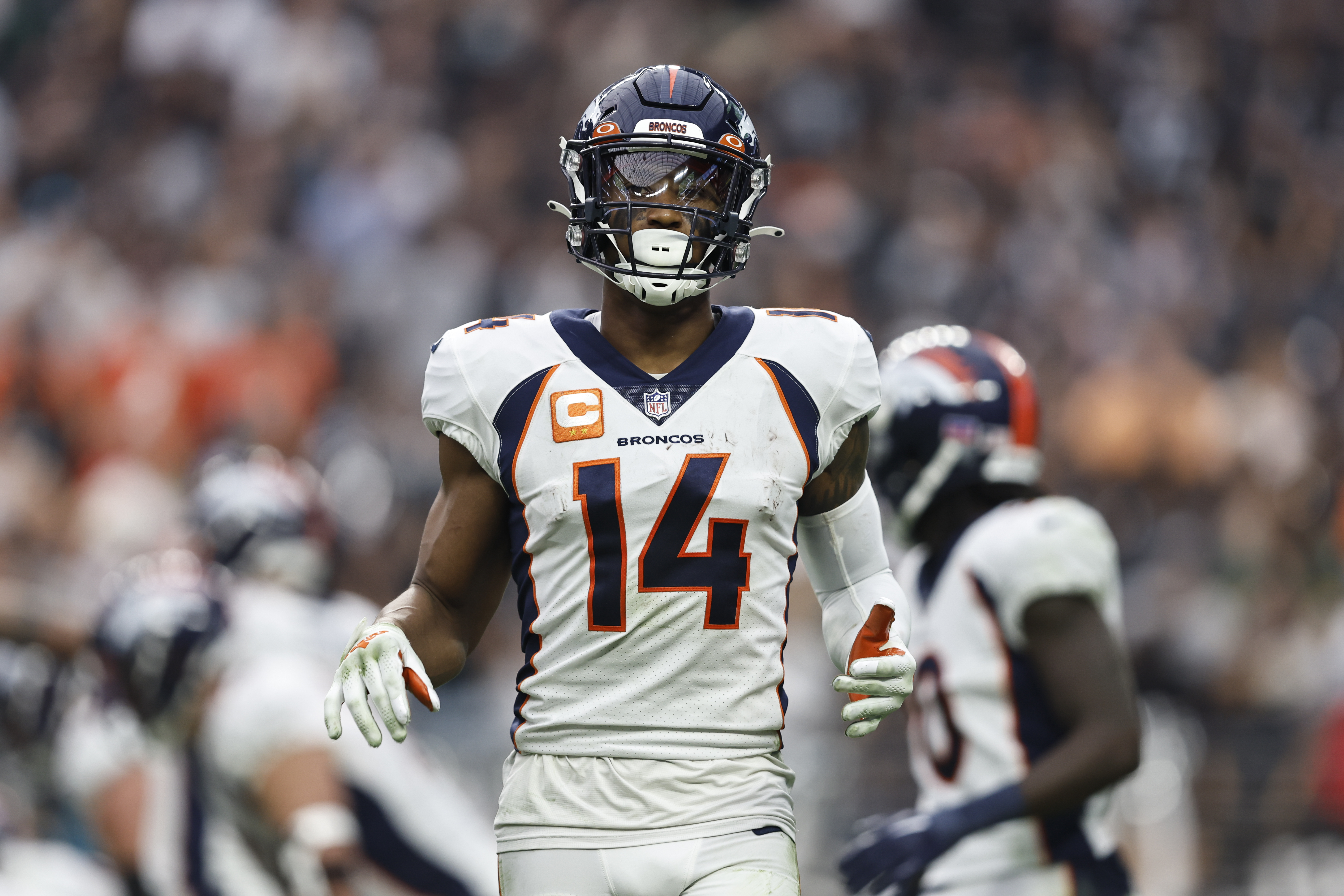 Courtland Sutton of the Denver Broncos looks on during an NFL football game between the Las Vegas Raiders and the Denver Broncos at Allegiant Stadium on October 02, 2022 in Las Vegas, Nevada.