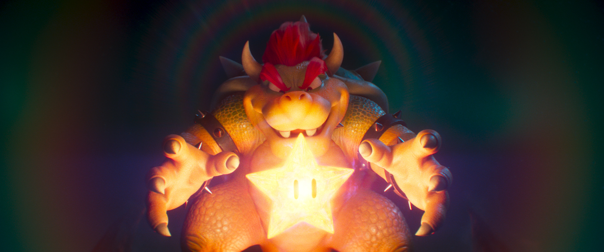 Bowser standing in darkness holding his arms out in front of him with a Super Star floating between his hands, in the CG-animated Super Mario Bros. Movie