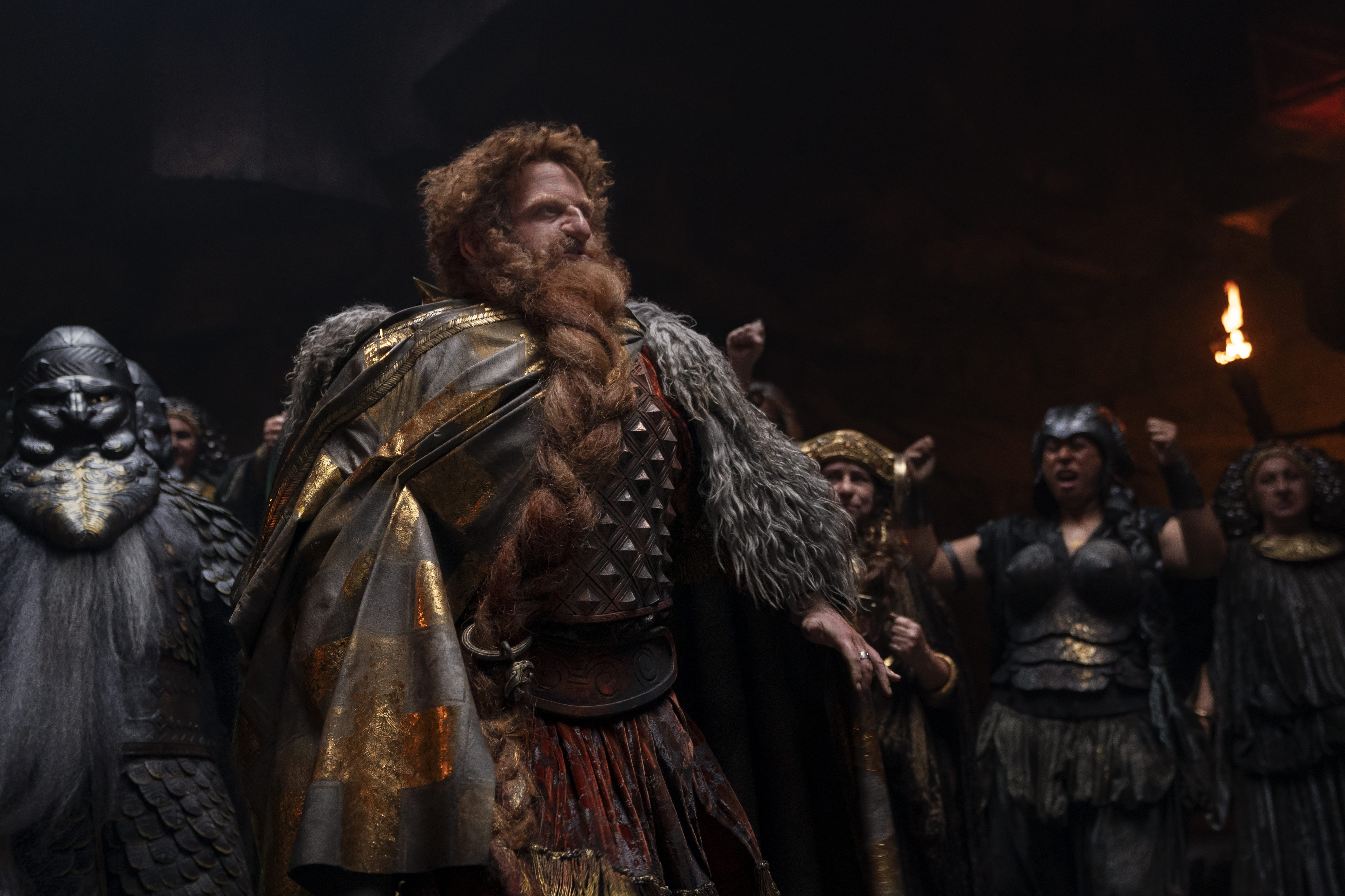 Prince Durin stands proud while Dwarves cheer him on in The Lord of the Rings: The Rings of Power.
