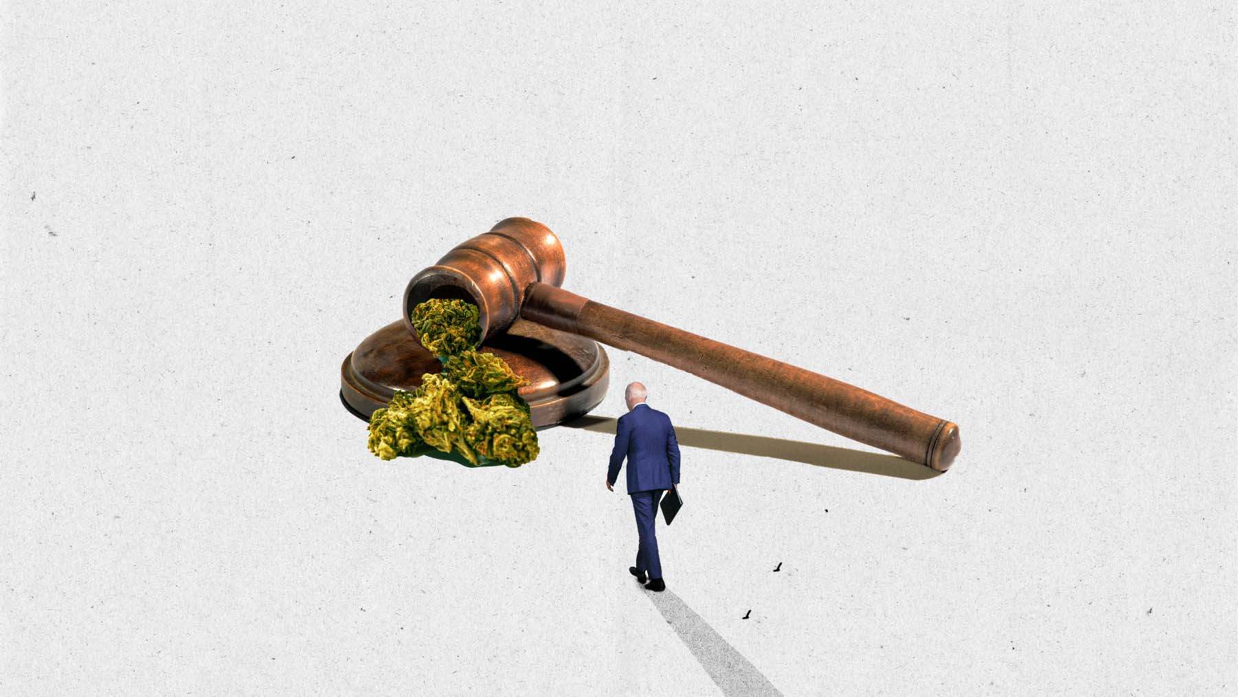 A photo collage of a judge’s gavel, a pile of marijuana, and a tiny figure of a man.
